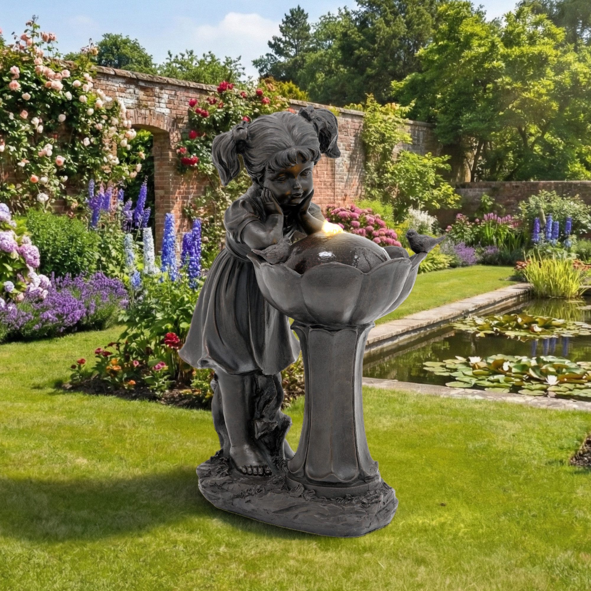 CHICFURN Gartenbrunnen 30x42x65,5 cm LED-Außenbrunnen mit Mädchenfigur in Kupfer, 30 cm Breite, (Packung, 1 tlg., Brunnen Zierbrunnen,Standbrunnen), Schafft eine ruhige Oase im Außenbereich, Für Garten, Terrasse