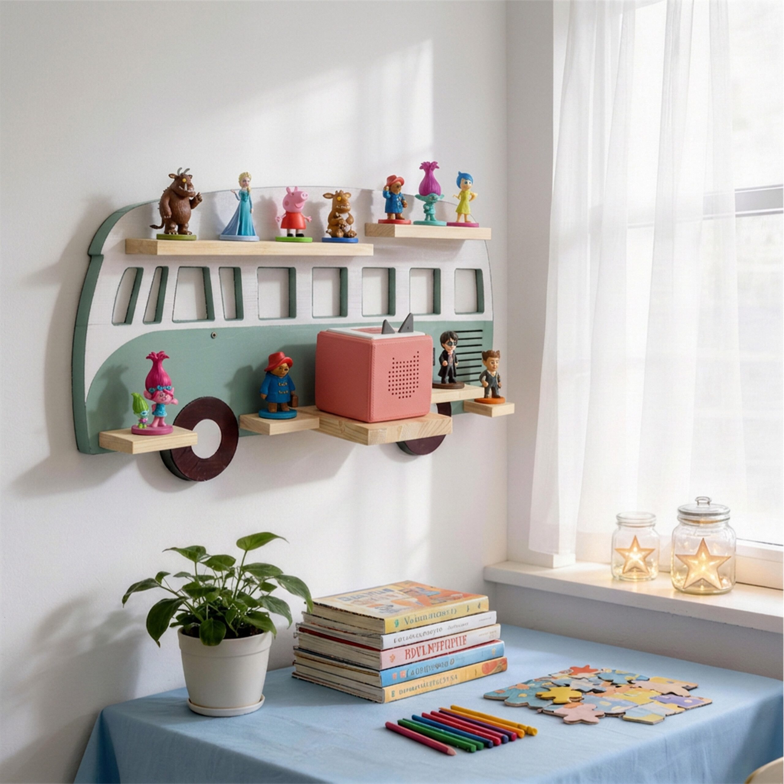 relaxdays Kinderregal Toniebox Regal Bus, 1-tlg., salbei. – Bild 2 von 5
