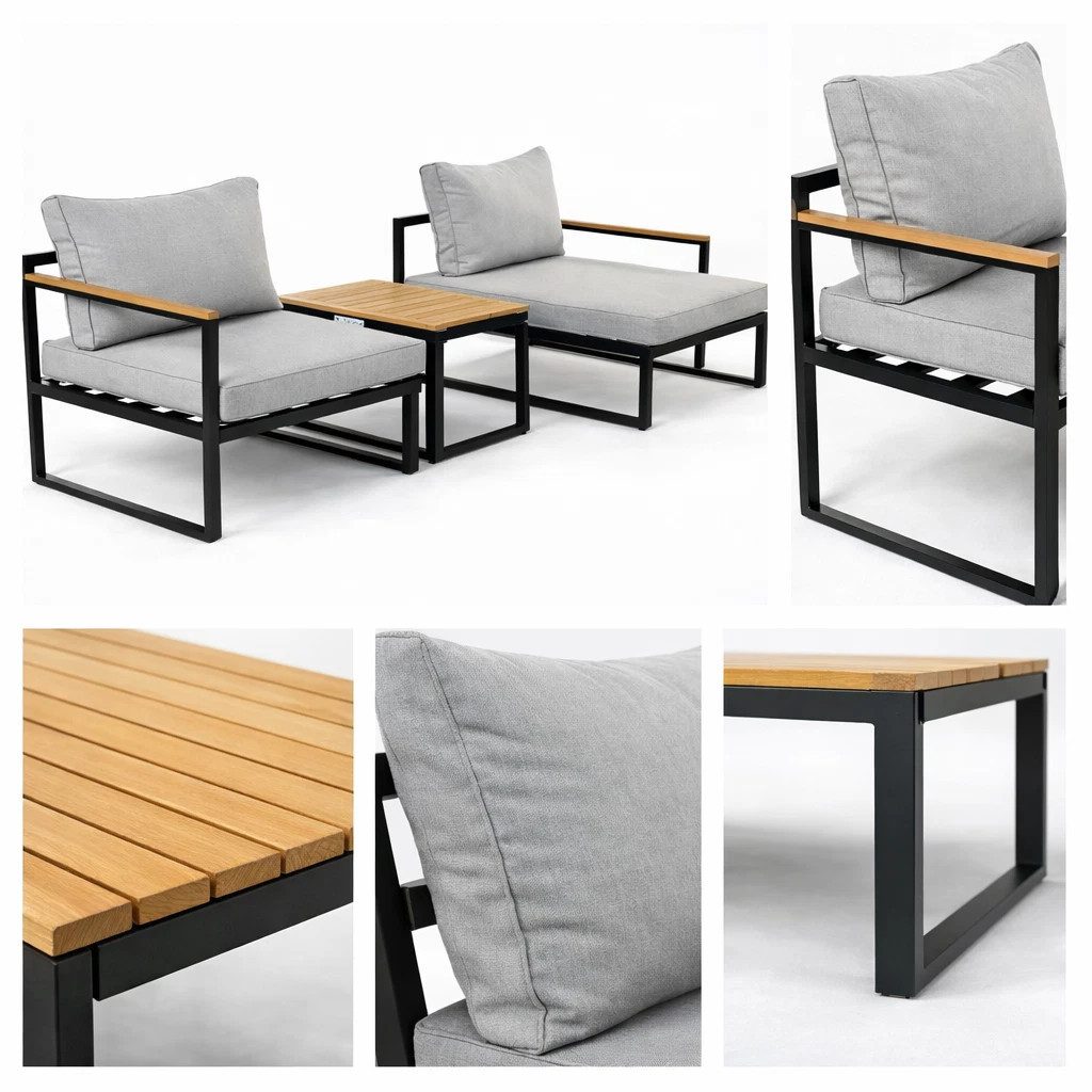 Greemotion Balkonset Retiro Balkonlounge Aluminium mit Holz-Optik inkl. Auflagen & Polster, Farbe Schwarz/Grau