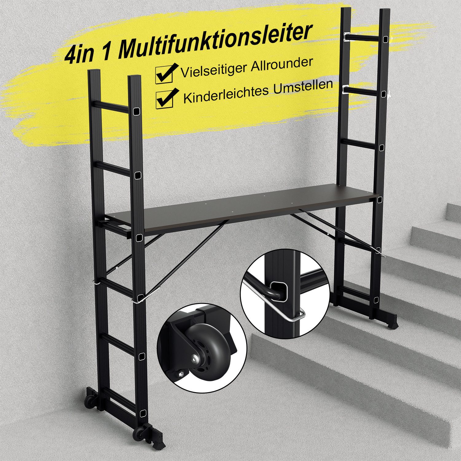 Clanmacy Arbeitsgerüst Alu Arbeitsgerüst Schwarz 2x6 Stufen Mehrzweckleiter klappbar 150 kg