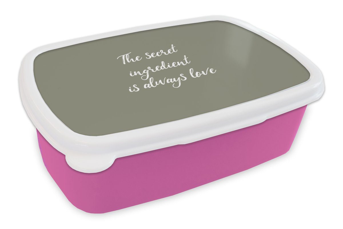 MuchoWow Lunchbox Die geheime Zutat ist immer die Liebe - Liebe - Sprichwörter - Zitate, Kunststoff, (2-tlg), Brotbox für Erwachsene, Brotdose Kinder, Snackbox, Mädchen, Kunststoff rosa