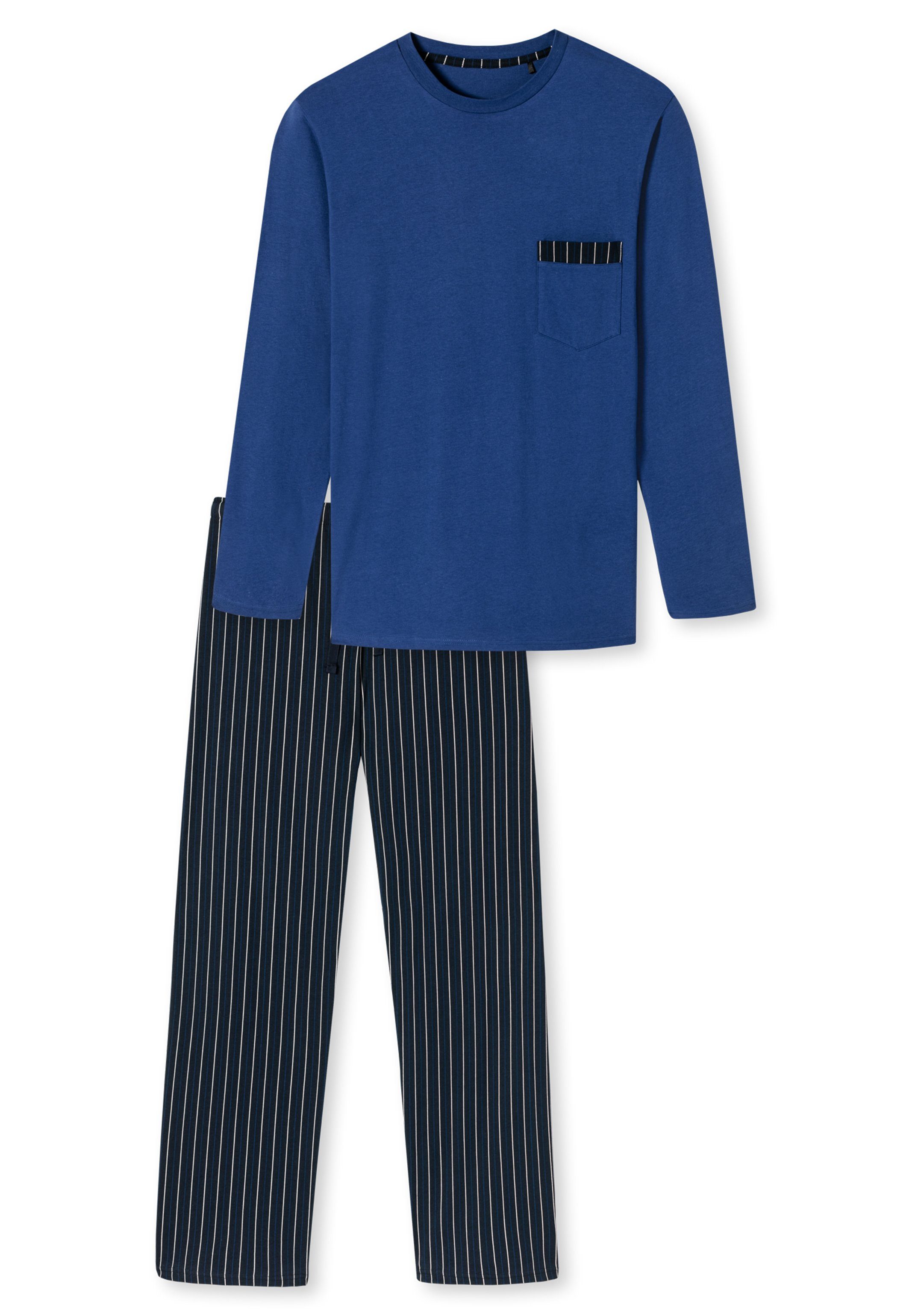 Baumwolle - mit Nightwear Schlafanzug Schiesser Comfort Langarmshirt Cotton tlg) - Pyjama 2 Brusttasche (Set, aufgesetzter navy Organic