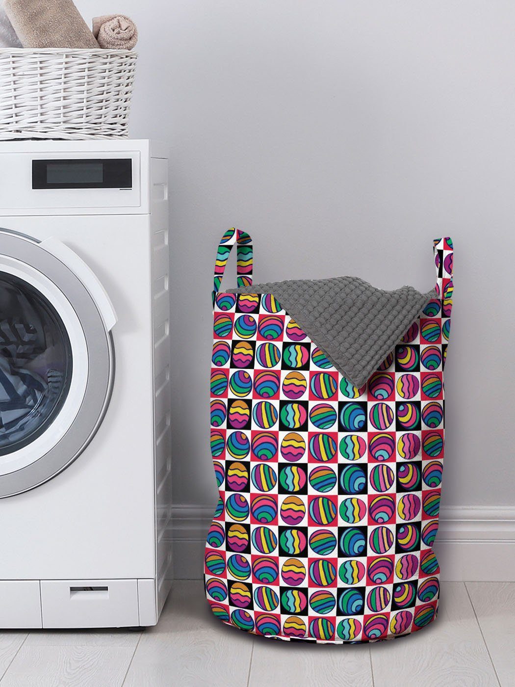 Kordelzugverschluss Wäschekorb Bunt für Waschsalons, Doodle mit Eggs Griffen Abakuhaus Checkered Wäschesäckchen