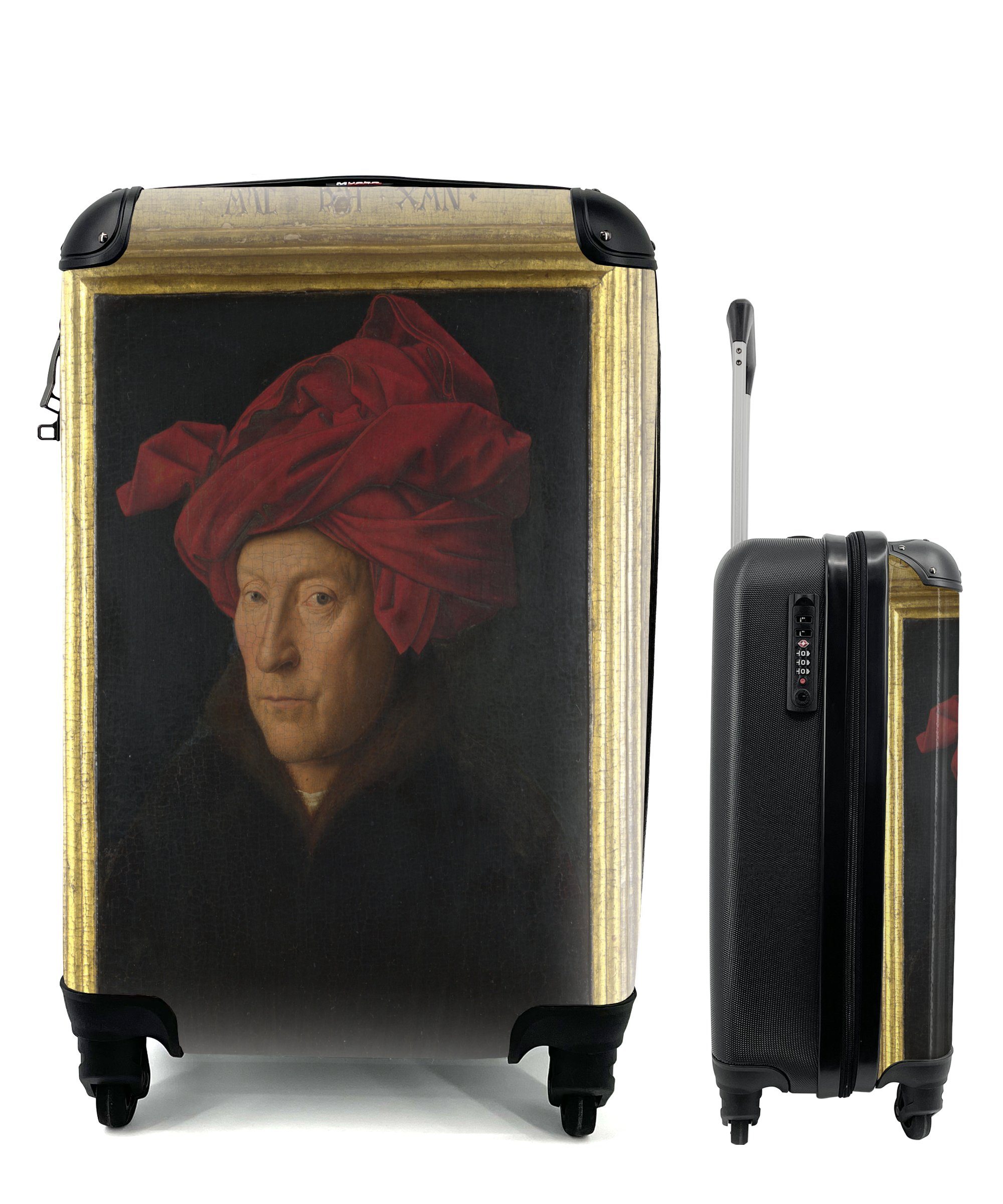 MuchoWow Handgepäckkoffer Porträt eines Mannes mit rotem Turban - Gemälde von Jan van Eyck, 4 Rollen, Reisetasche mit rollen, Handgepäck für Ferien, Trolley, Reisekoffer