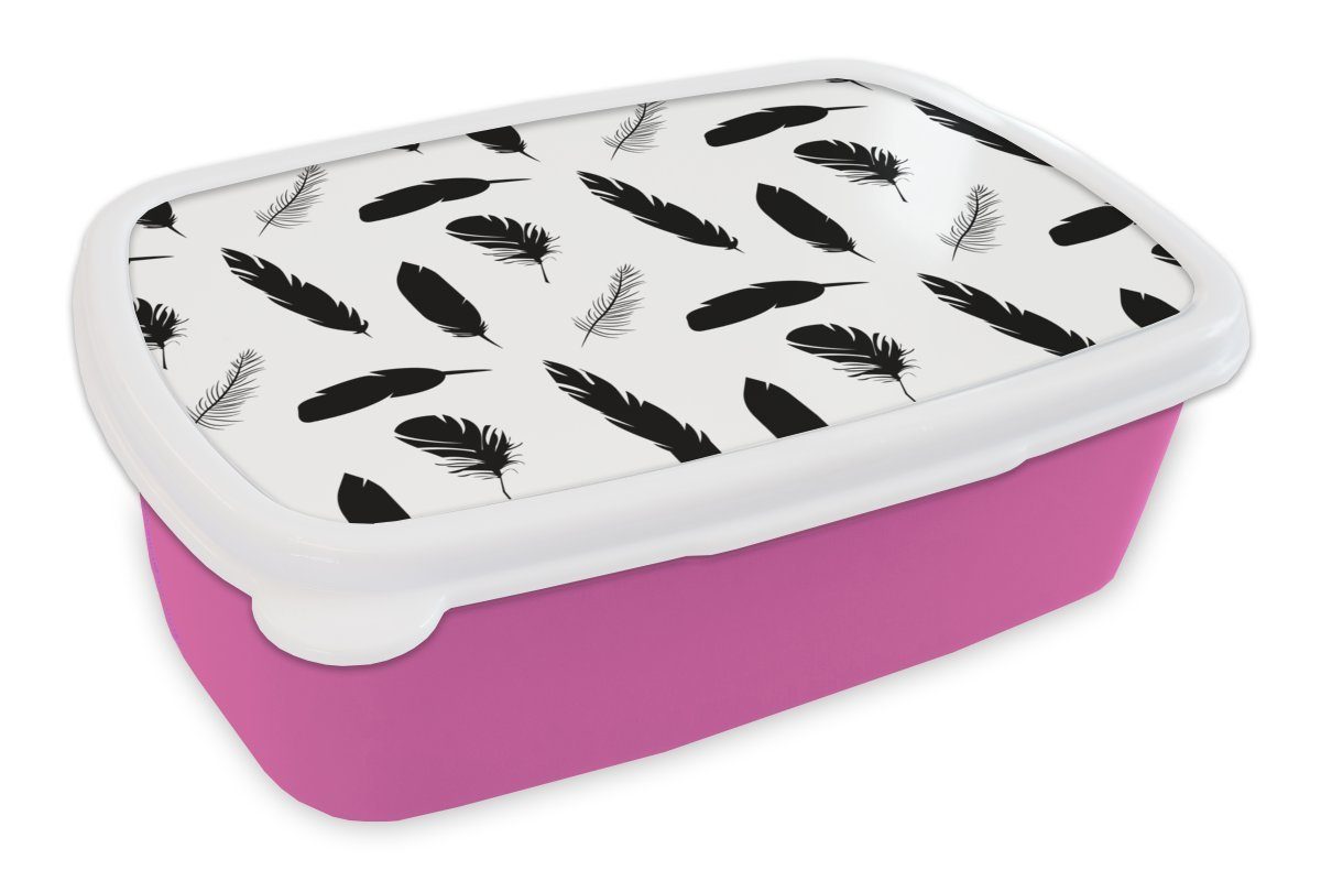 Snackbox, - Federn für Brotbox Brotdose Erwachsene, Kunststoff rosa weiß Kinder, (2-tlg), Mädchen, Lunchbox - und Muster, Schwarz MuchoWow Kunststoff,
