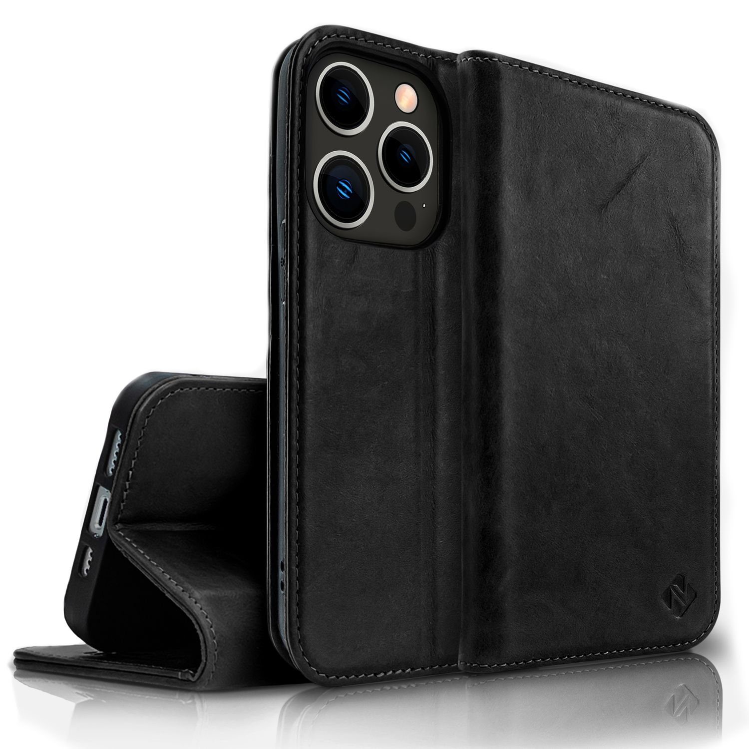 Nalia Smartphone-Hülle Apple iPhone 14 Pro, Echt Leder Flip Case Hülle / Magnetverschluss / Premium Leather Case