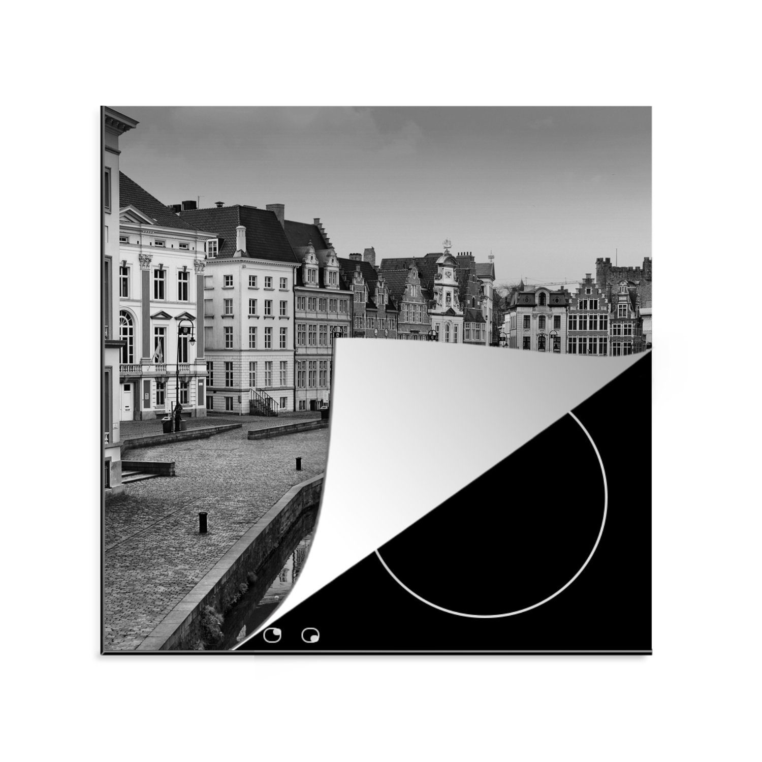 (1 78x78 Vinyl, Belgien - Ceranfeldabdeckung, Reflexion, Herdblende-/Abdeckplatte cm, Arbeitsplatte für MuchoWow - tlg), küche Schwarz Weiß -