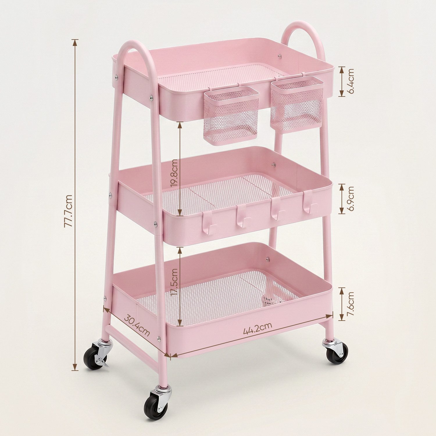 Sekey Rollwagen Küche 30 cm Breit Servierwagen mit Rollen Metall, 2 Körben & 4 Haken