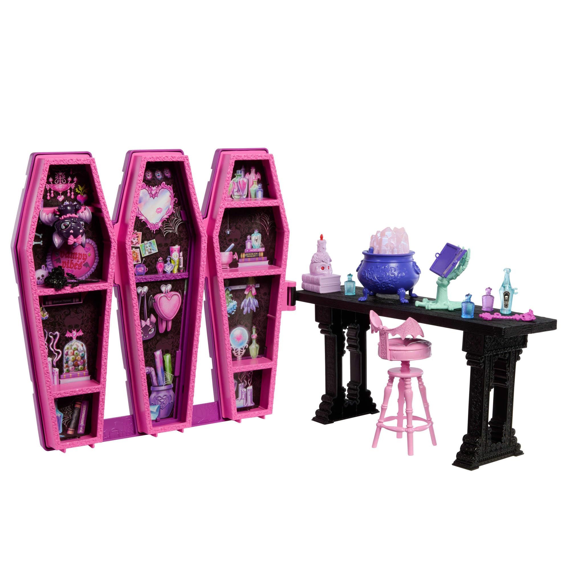 Monster High Anziehpuppe Draculaura Secret Potion Room, Magisches Spielset mit Wasser-Effekten: Zauberbuch mit erscheinender S