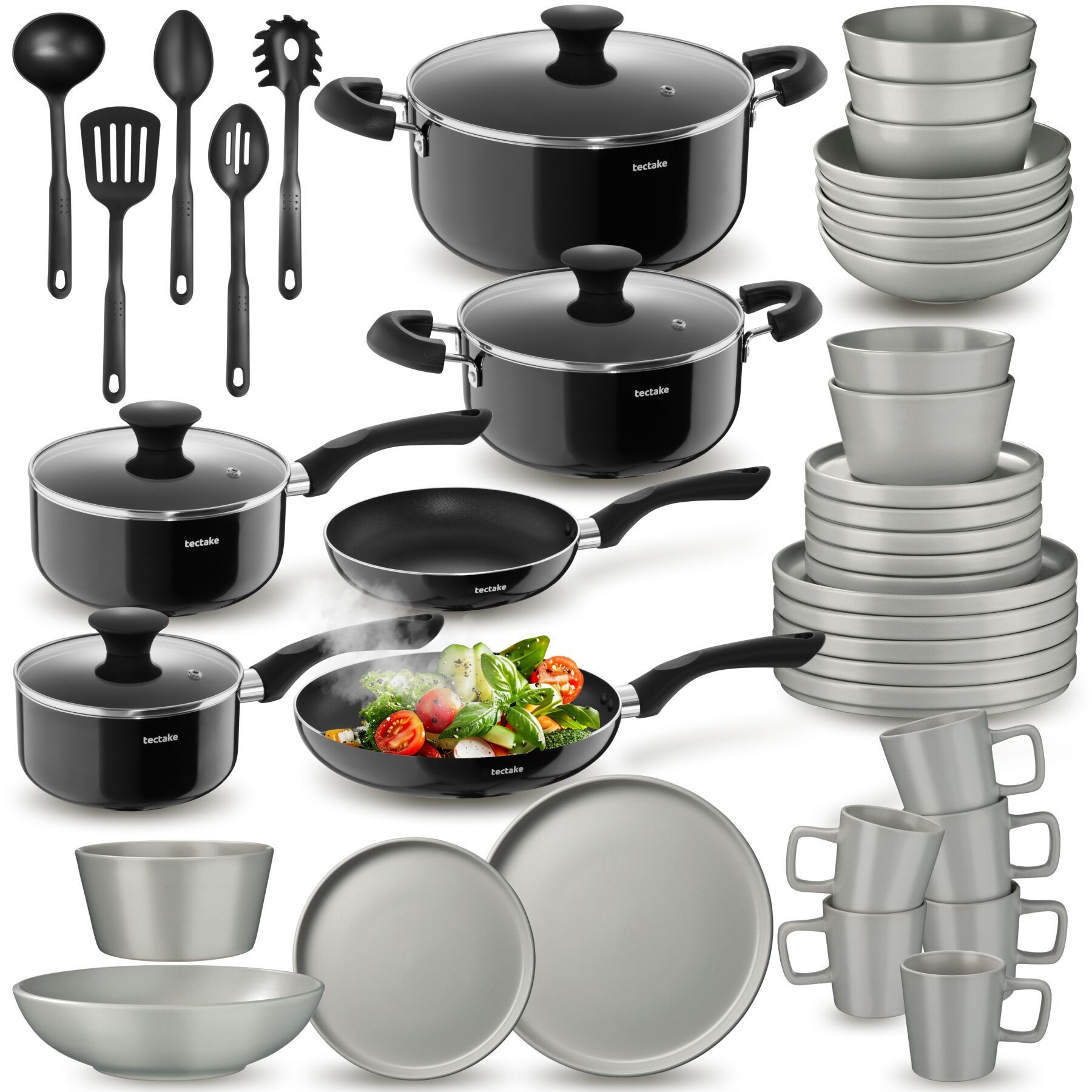 tectake Kochbesteck-Set Küchenstarterset aus Steingut, Inkl. 5 Küchenwerkzeugen (Geschirrset Una/Varese, 45-tlg., in grau/schwarz), rostfreies Aluminium, hitzebeständig und kratzfest, leichte Reinigung