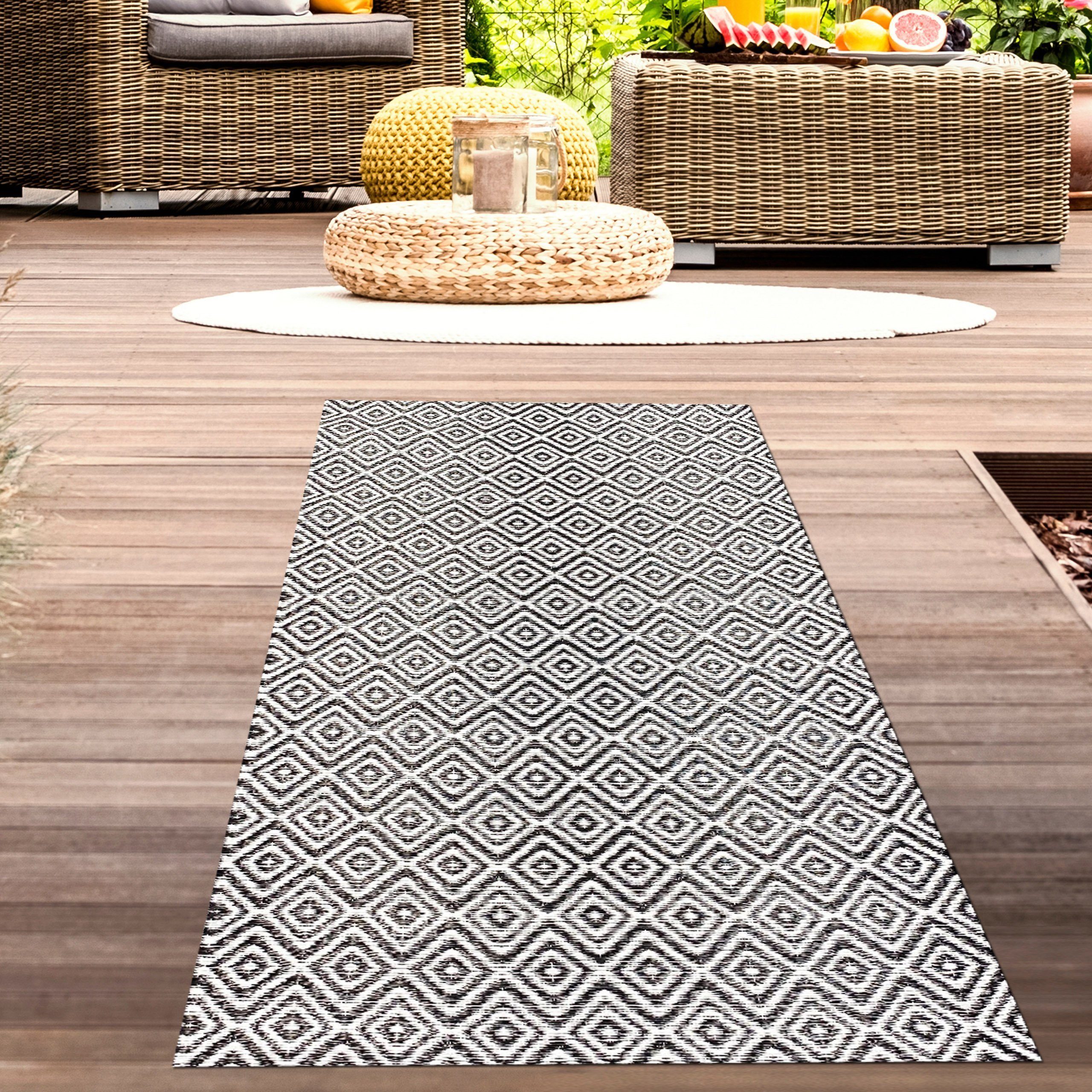 rechteckig Rautenmuster Outdoor-Teppich Carpetia, Outdoorteppich in Stilvoller mit klassischem schwarz,