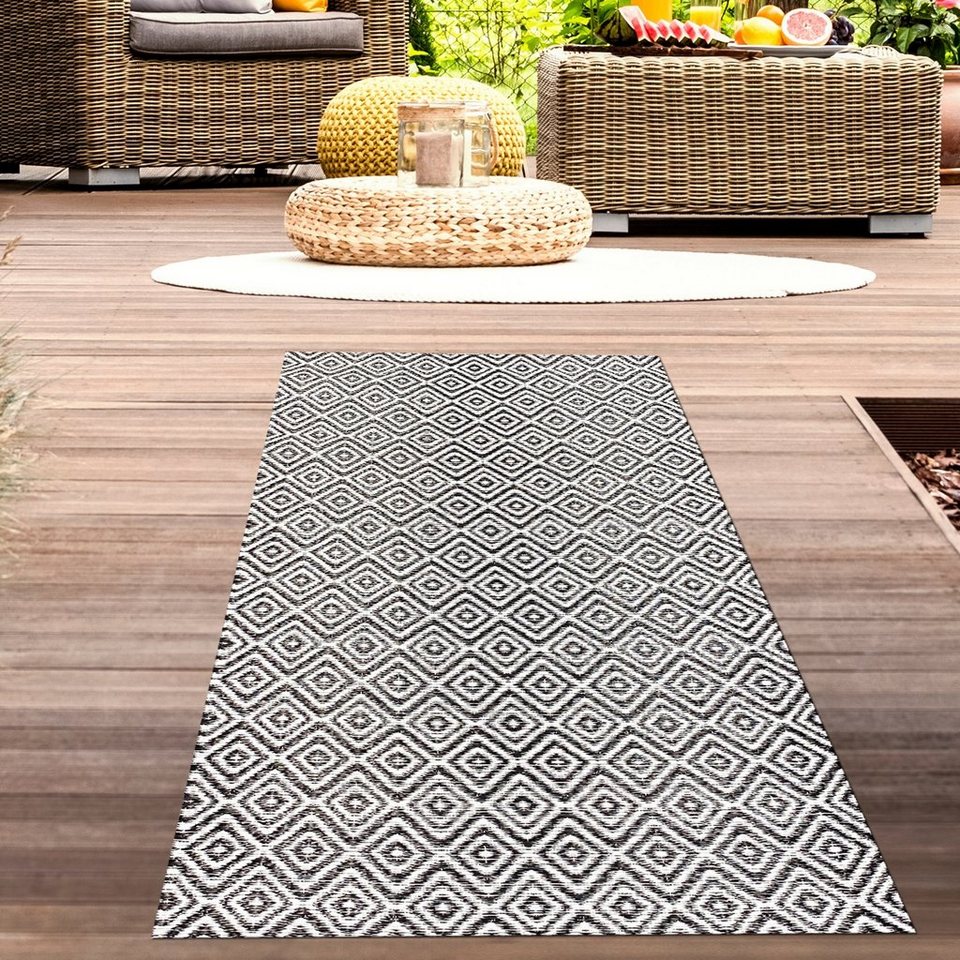 Outdoorteppich Stilvoller Outdoor-Teppich mit klassischem Rautenmuster in  schwarz, Carpetia, rechteckig