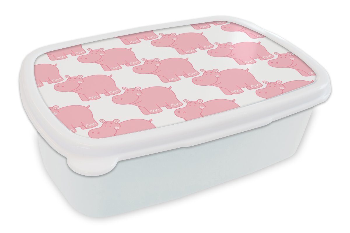 MuchoWow Lunchbox Nilpferd - Rosa - Mädchen - Kind - Muster, Kunststoff, (2-tlg), Brotbox für Kinder und Erwachsene, Brotdose, für Jungs und Mädchen weiß