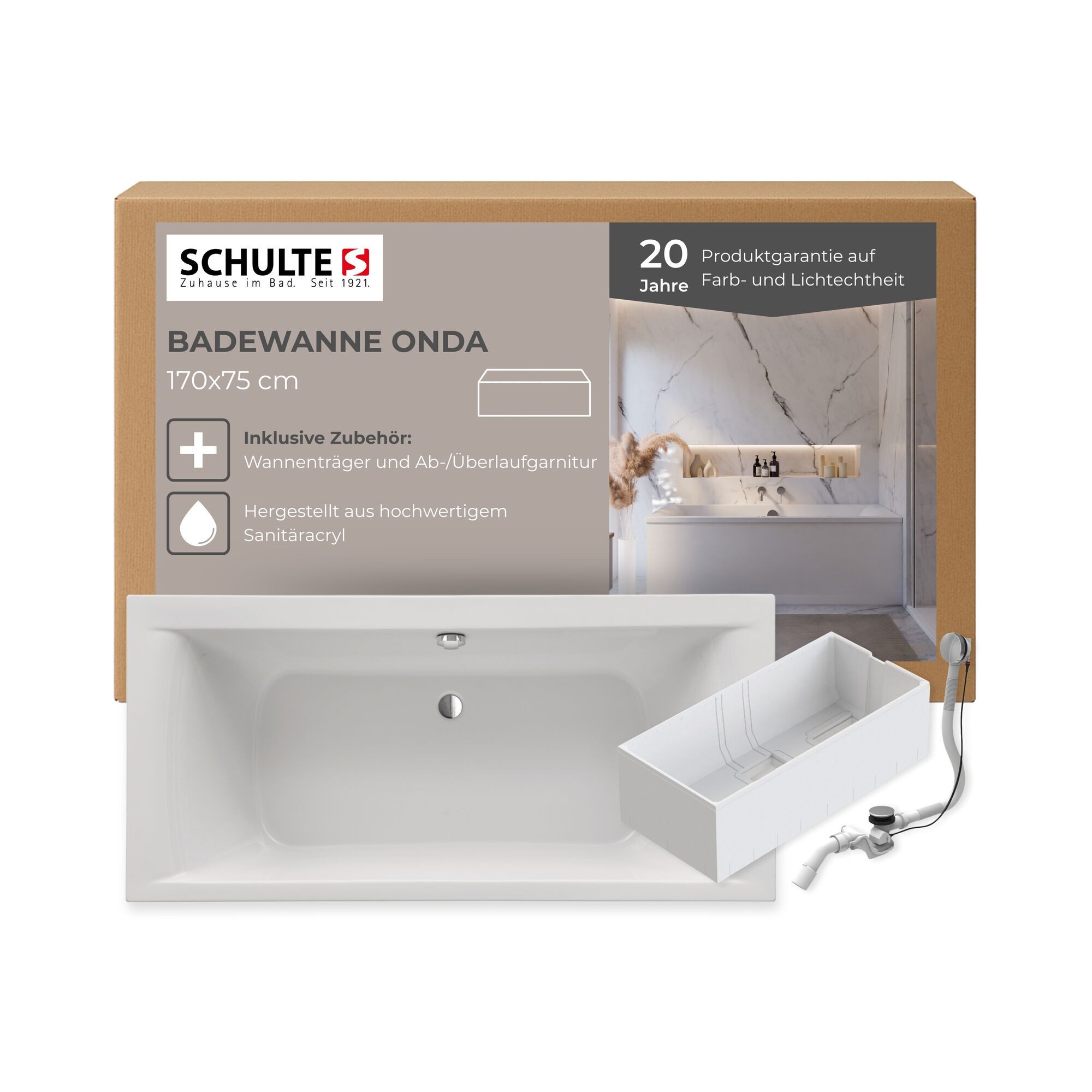 Schulte Badewanne Rechteck Onda, 170x75 cm Sanitäracryl Weiß Komplett-Set mit Wannenträger und Ablauf