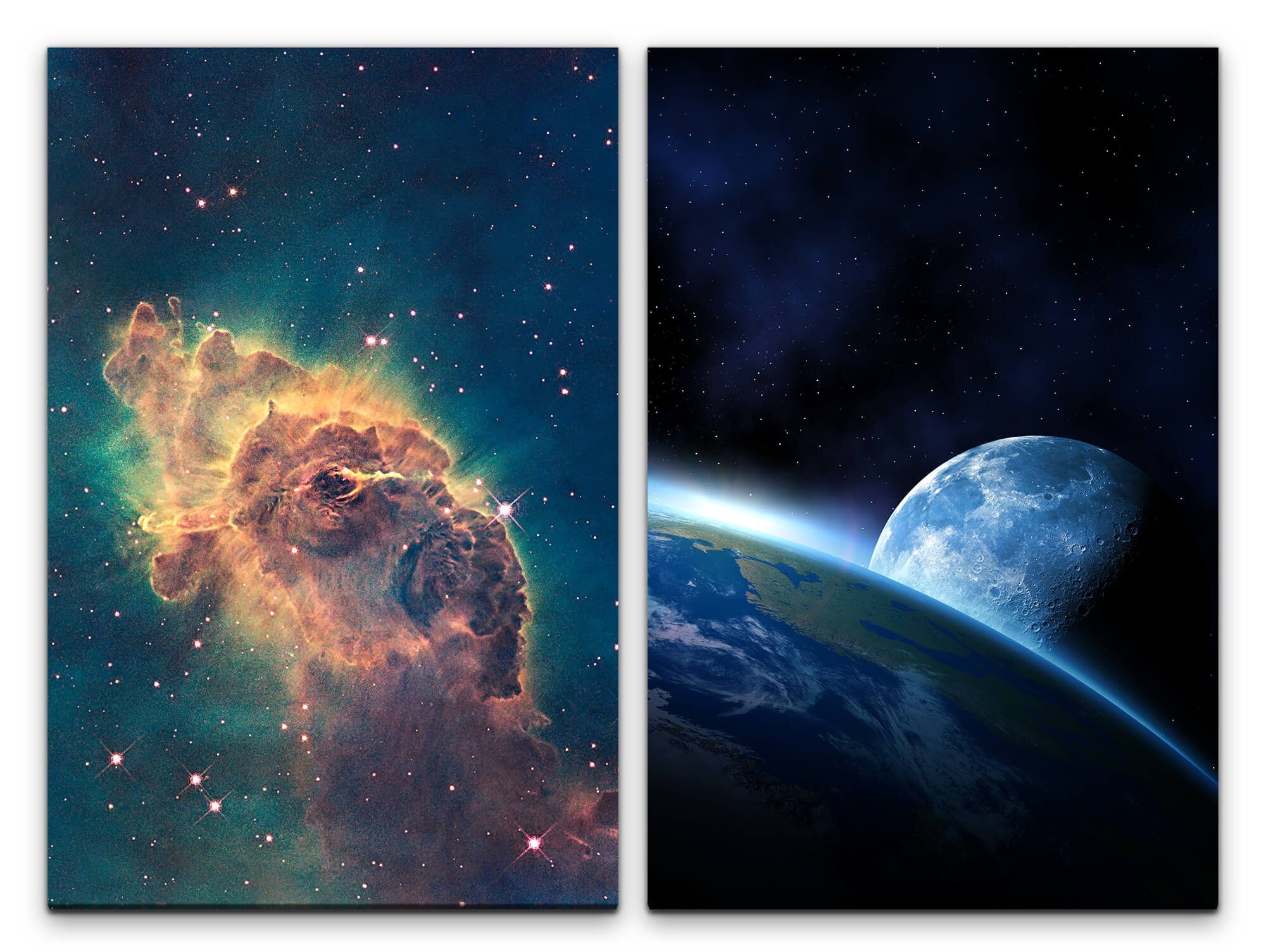 Leinwandbild 2 Bilder je 60x90cm Nebula Supernova Weltraum Erde Mond Universum Sterne