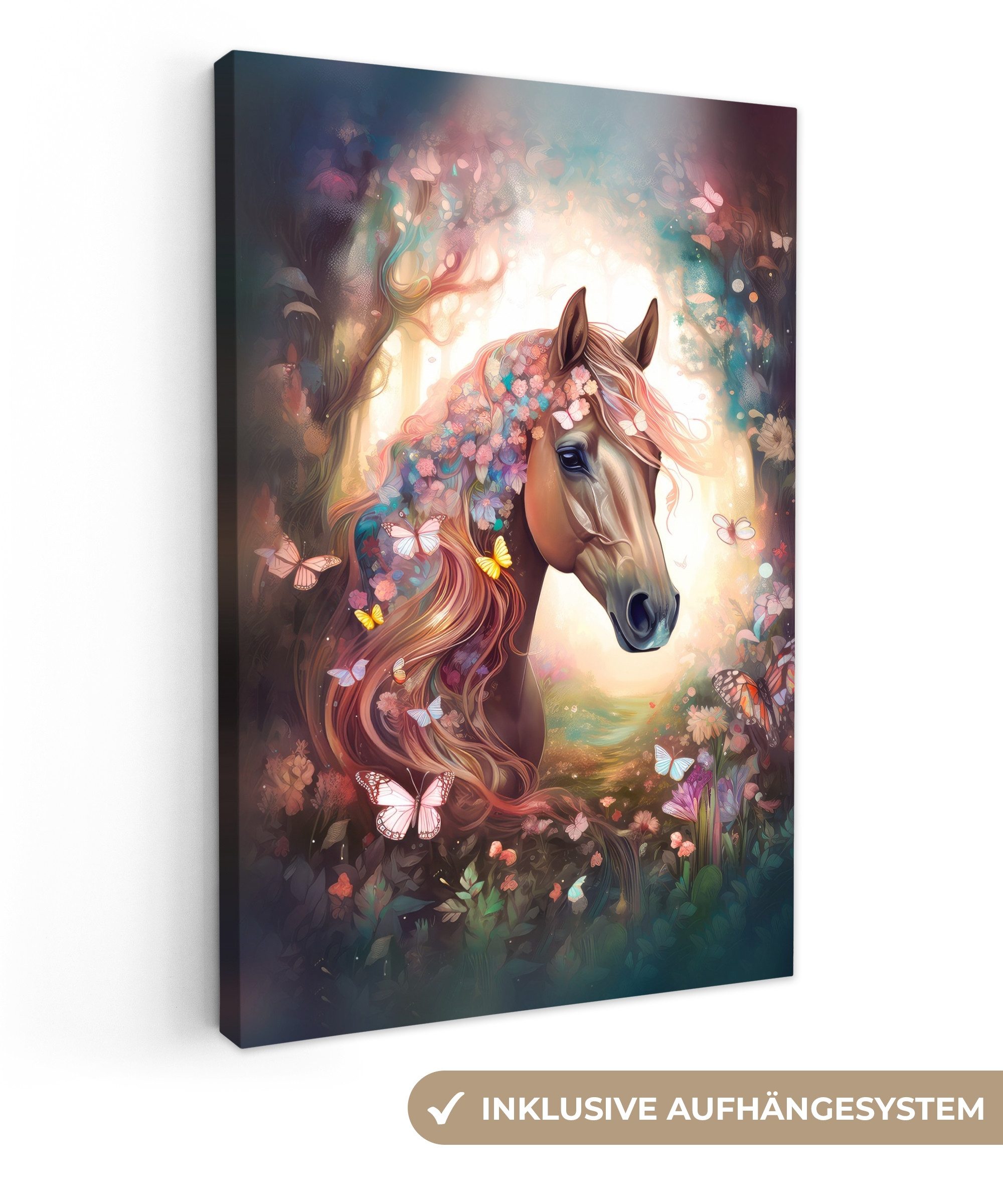 OneMillionCanvasses® Leinwandbild Pferd - Natur - Blumen - Schmetterlinge - günstig online kaufen