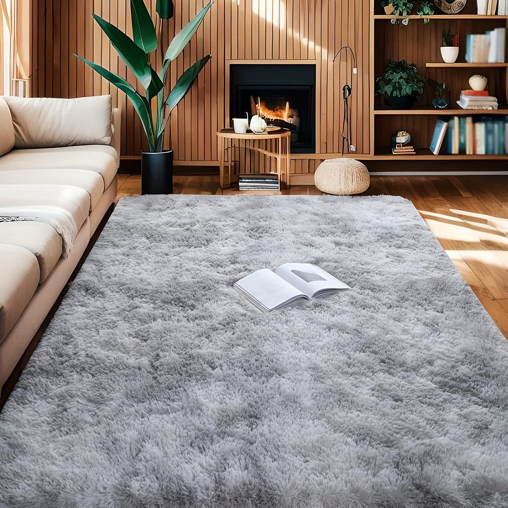 FOUORTUNATE-BEE Hochflor-Teppich Hellgrau Teppich für Wohnzimmer günstig online kaufen