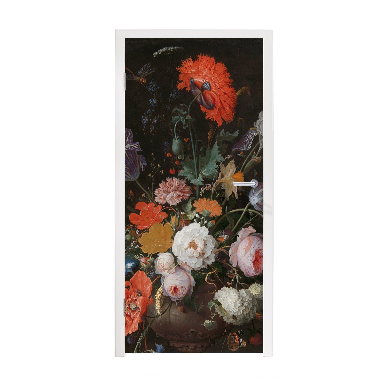 MuchoWow Türtapete Stilleben mit Abraham Blumen bedruckt, St), Gemälde Fototapete Mignon, Türaufkleber, Tür, cm für 75x205 von Uhr und (1 Matt, - einer