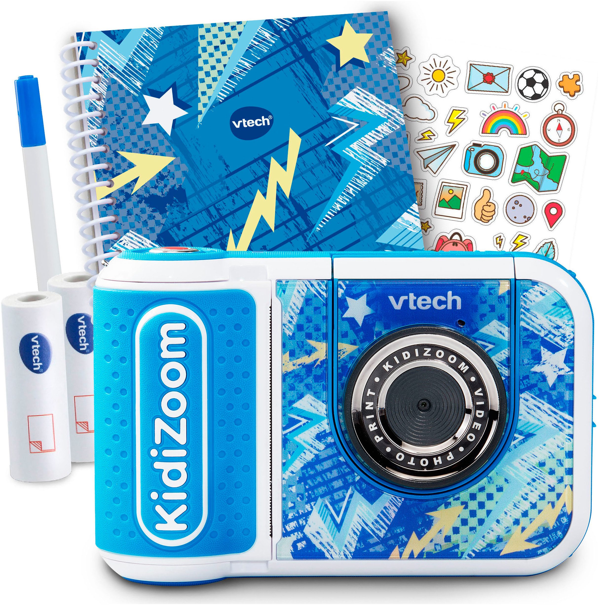 Vtech® KidiZoom Print Cam + Scrapbook Bundle Kinderkamera (5 MP, mit eingebautem Thermodrucker, inkl, Thermopapier, Scrapbook + Stift)