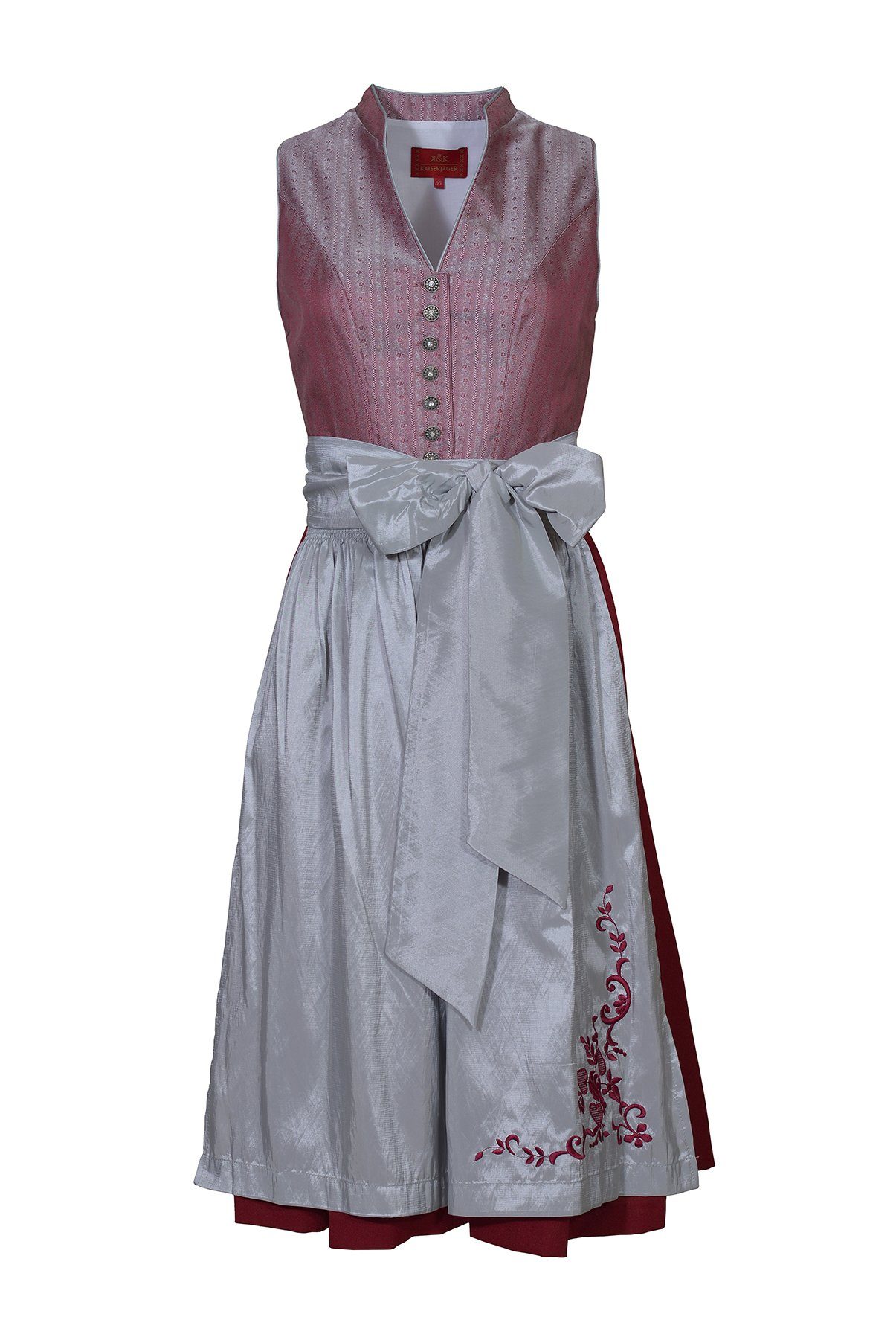 K&K Kaiserjäger Dirndl Mididirndl hochgeschlossen, 70 cm Länge, bordeaux, bestickt (2 teilig,Kleid mit Schürze) wird nachhaltig in Europa produziert