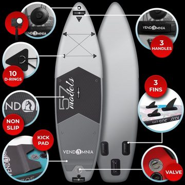 VENDOMNIA SUP-Board aufblasbar, Größe 305cm, Farbwahl, Stand Up Paddle Board, (15 cm dick, 3 PVC Schichten, max 170 kg), Paddling board, Paddelboard, Surfboard, (Kajaksitz - Rucksack - Pumpe - Doppelpaddel - Tragetasche - Cam Holder - 30l Drybag - Beinleine - Handytasche - Kickpad)