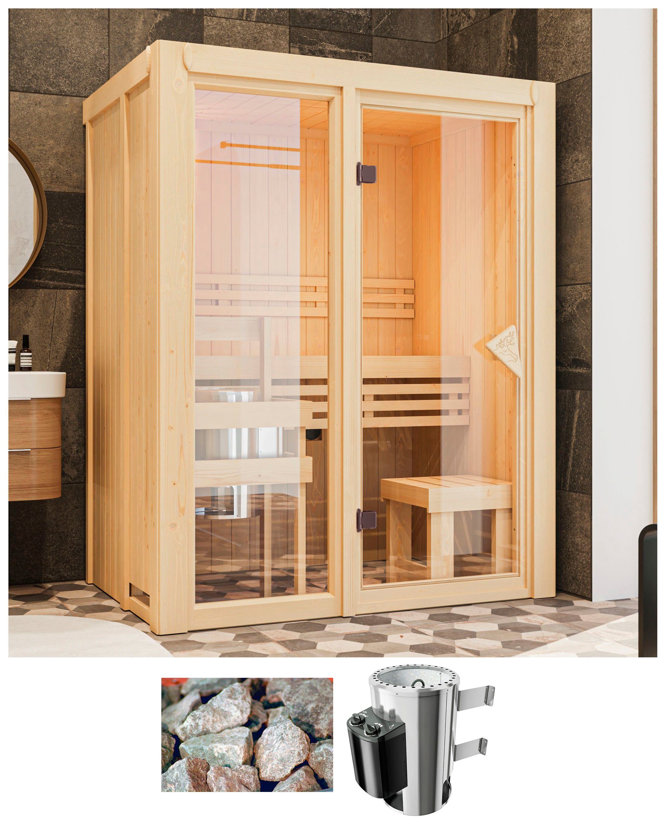 Karibu Sauna Alani 1, BxTxH: 155 x 122 x 198 cm, 68 mm, Ofen 3,6 kW intgr. Strg