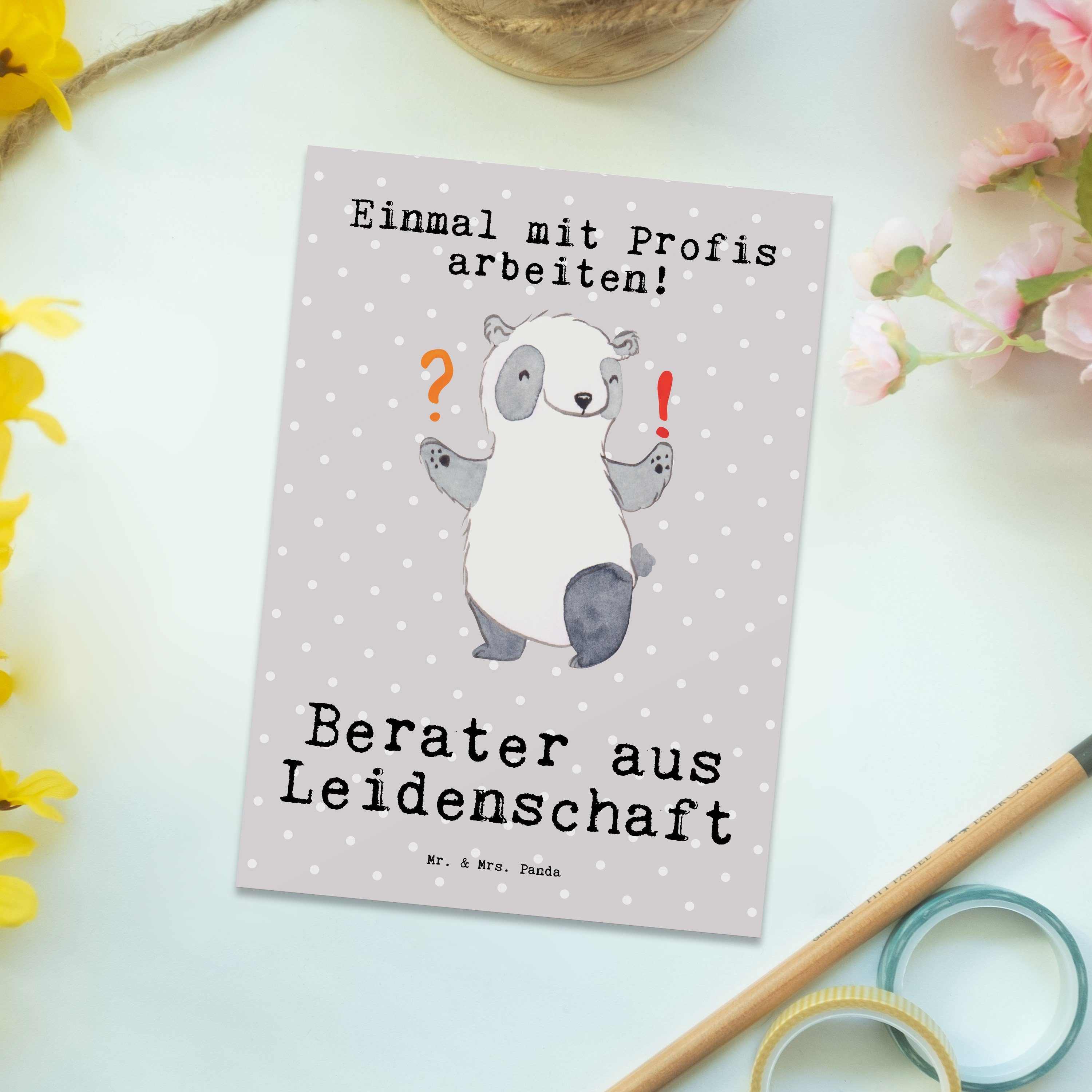 Pastell Postkarte Leidenschaft Geschenk, - aus Berater - Mrs. Mr. & Geburtstagskarte Grau Panda