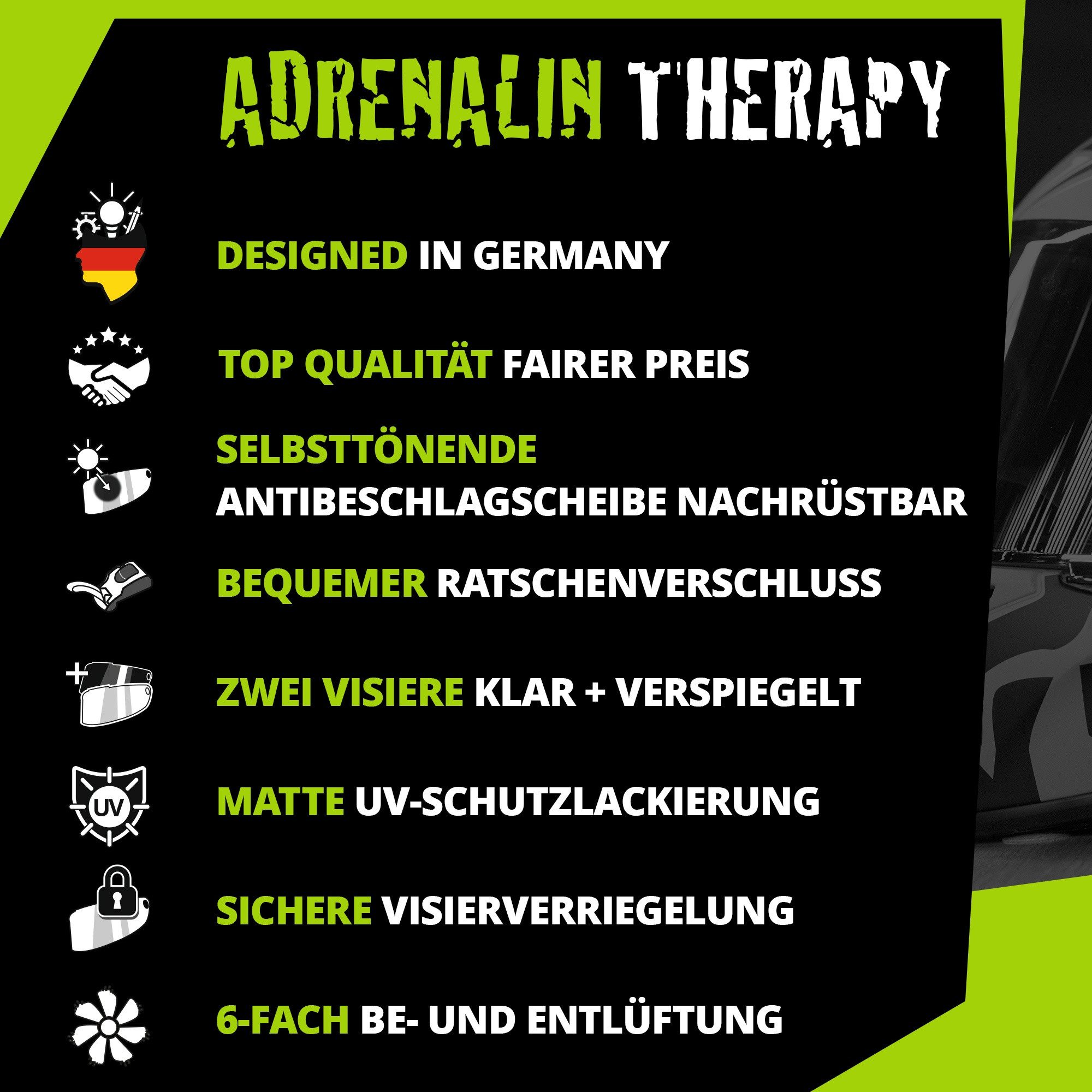 Broken Head Motorradhelm Adrenalin Therapy 4X Schwarz-Weiß (mit klarem und grün/blau verspiegeltem Visier), inklusive 2 Visieren