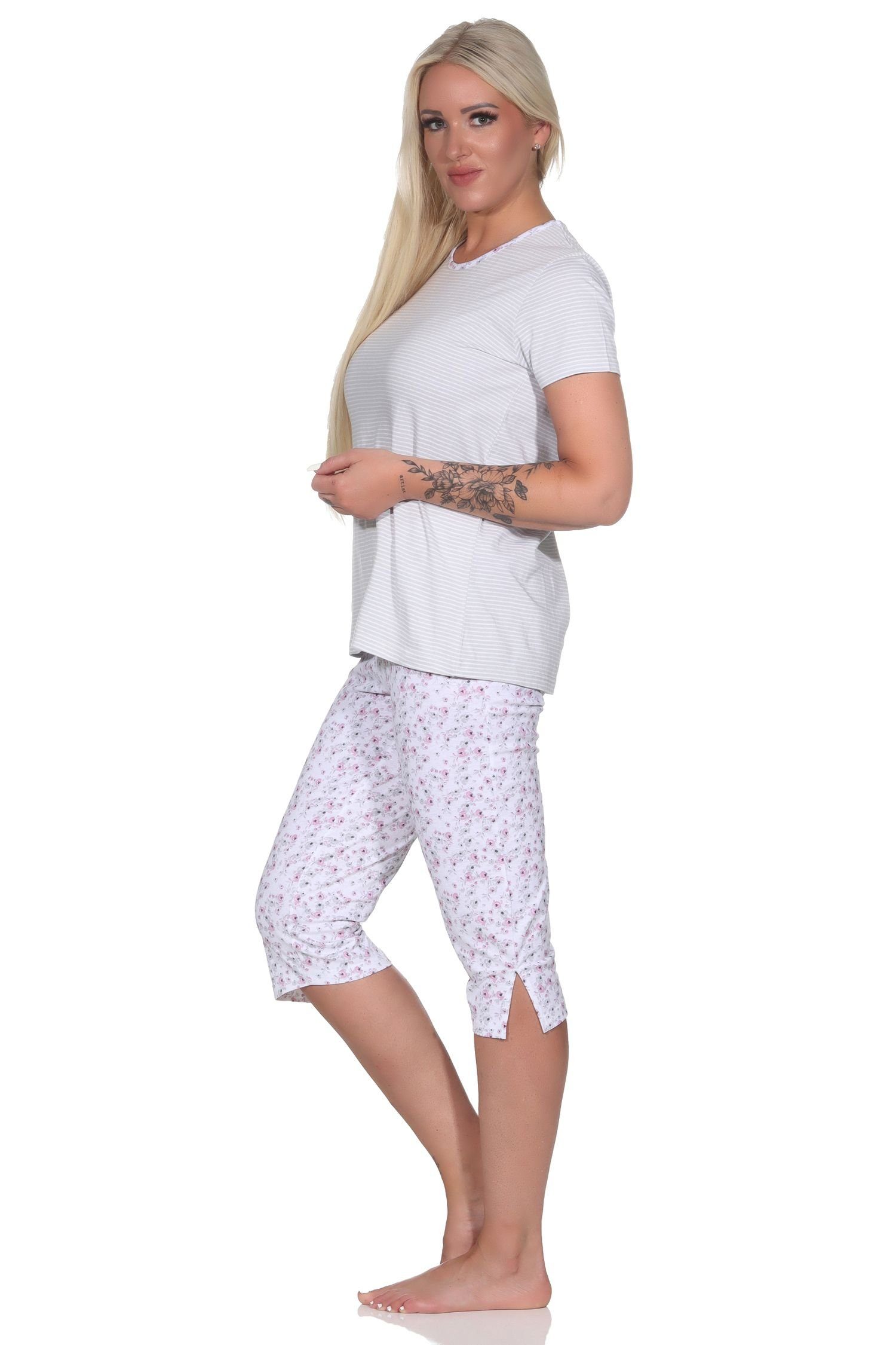 Normann Pyjama Floraler 3/4 Streifen, Capri mit grau Schlafanzug Rundhals & Damen Hose