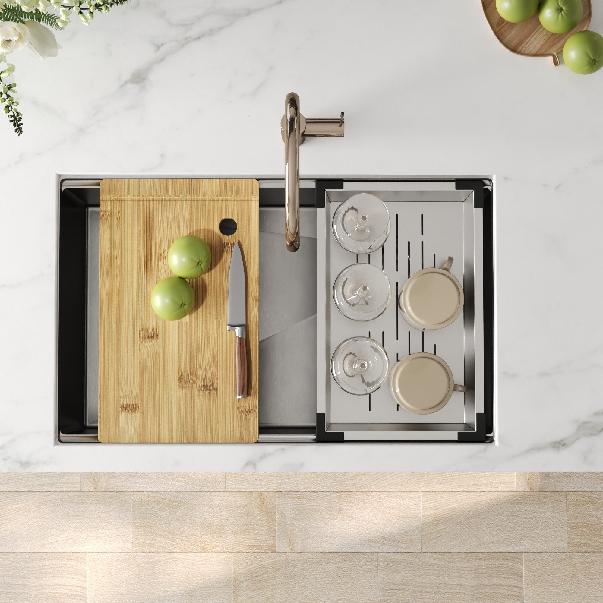 DeerValley Küchenspüle Edelstahl Spülbecken Küche Einbauspüle Großes Einzelbecken 76x48 cm, (Set, Set mit Schneidebrett, Abtropfgestell und Zubehör), Nano-beschichtete Edelstahlspüle mit Zubehör