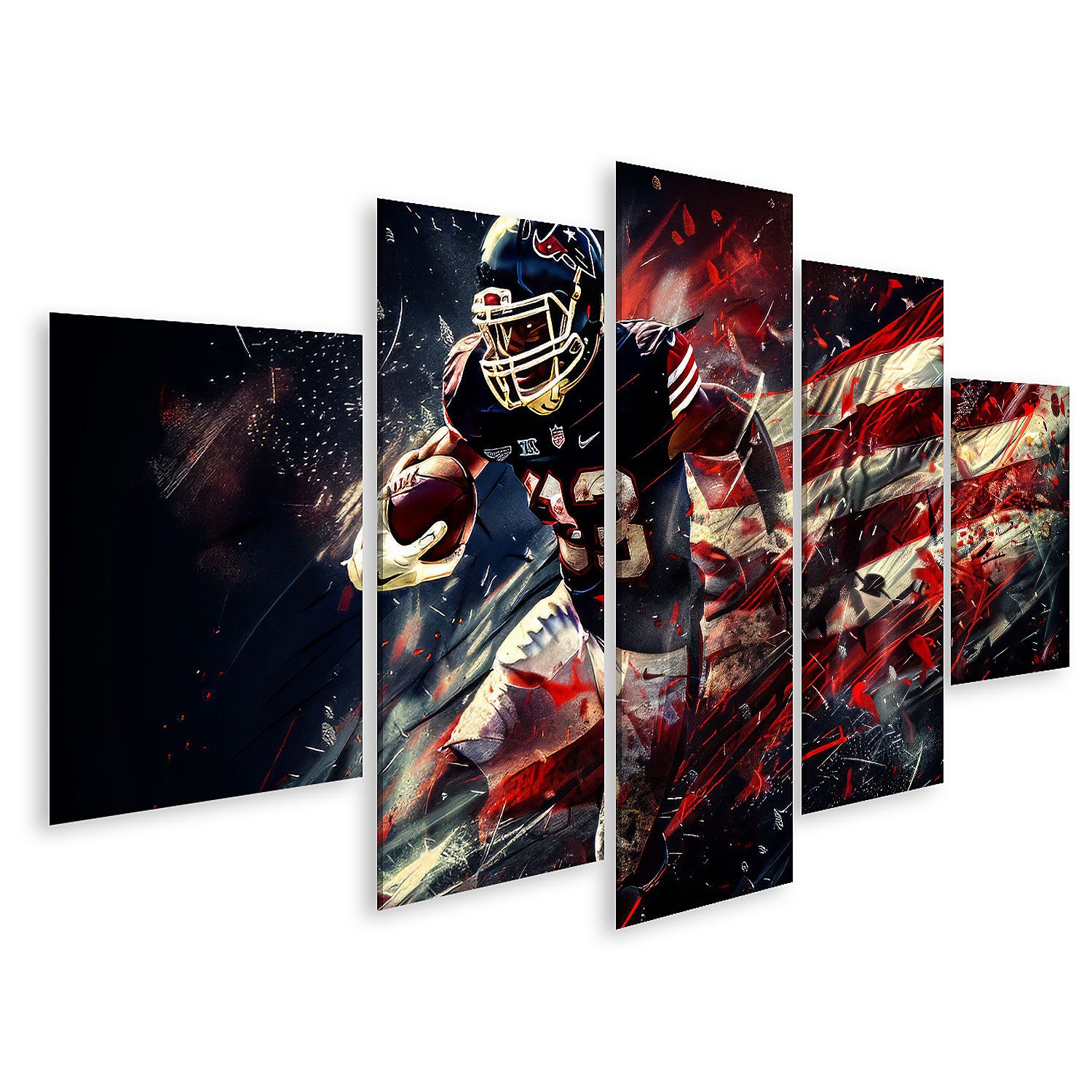 islandburner Leinwandbild, Dynamischer Footballspieler mit amerikanischer Flagge