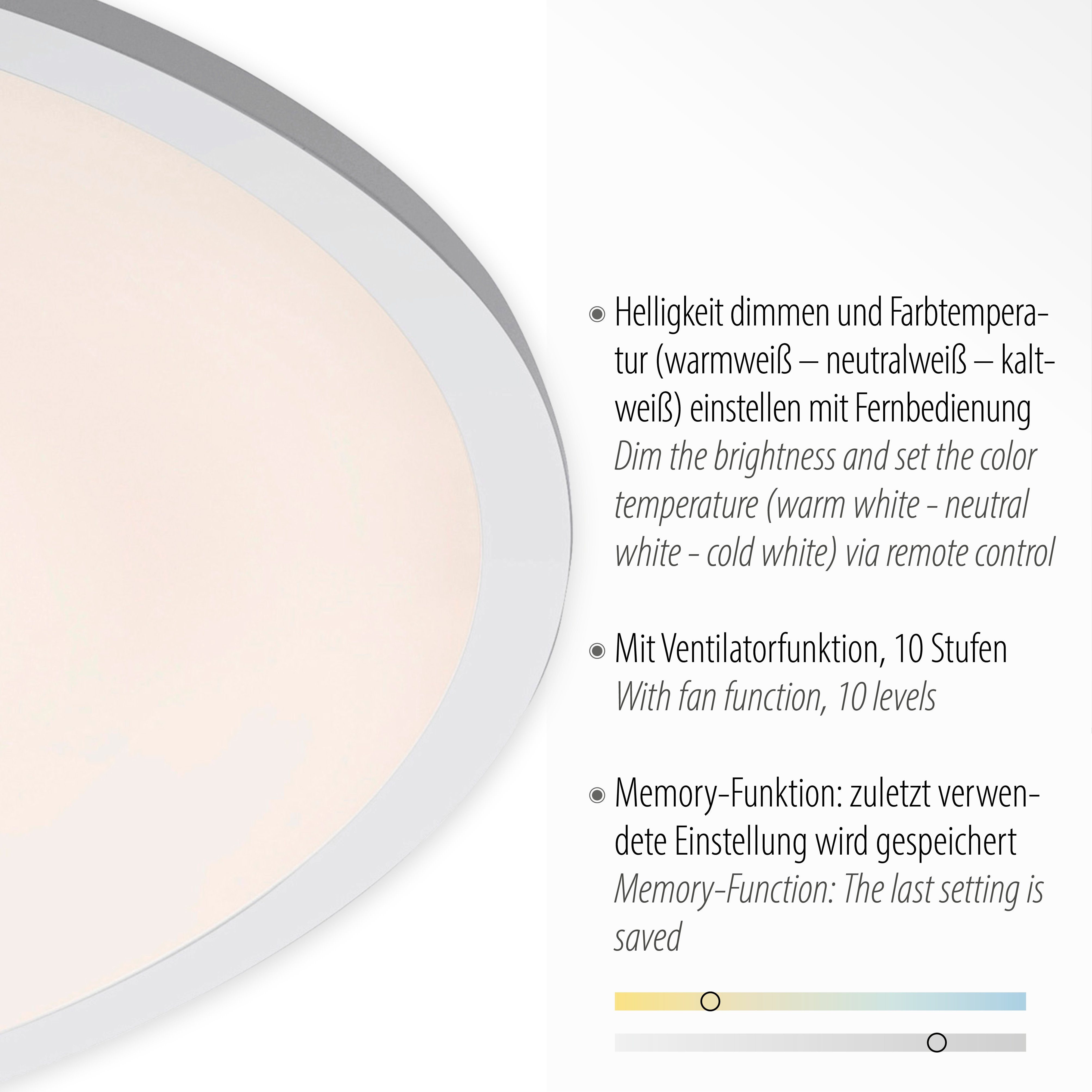 LED Deckenleuchte FLAT-AIR, - vom - nach integriert, LED Netz, Direkt Fernbedienung, Dimmfunktion, CCT CCT Ventilatorfunktion, über - Memory, fest kaltweiß, Trennung warmweiß über Leuchten Fernbedienung