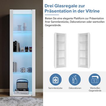 Merax Standvitrine schmal Vitrinenschrank mit 4 Fächern, APP Steurung mit LED und Glaseinlgeböden, Glasvitrine hochglanz, H:166cm