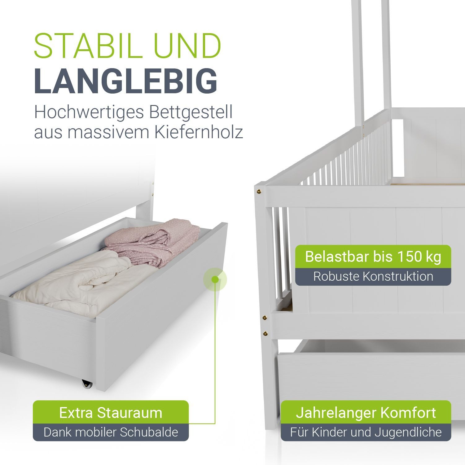 Juskys Kinderbett Yari, 90x200 cm, Hausoptik, Schreibtisch, 3 - 10 Jahre, Holz
