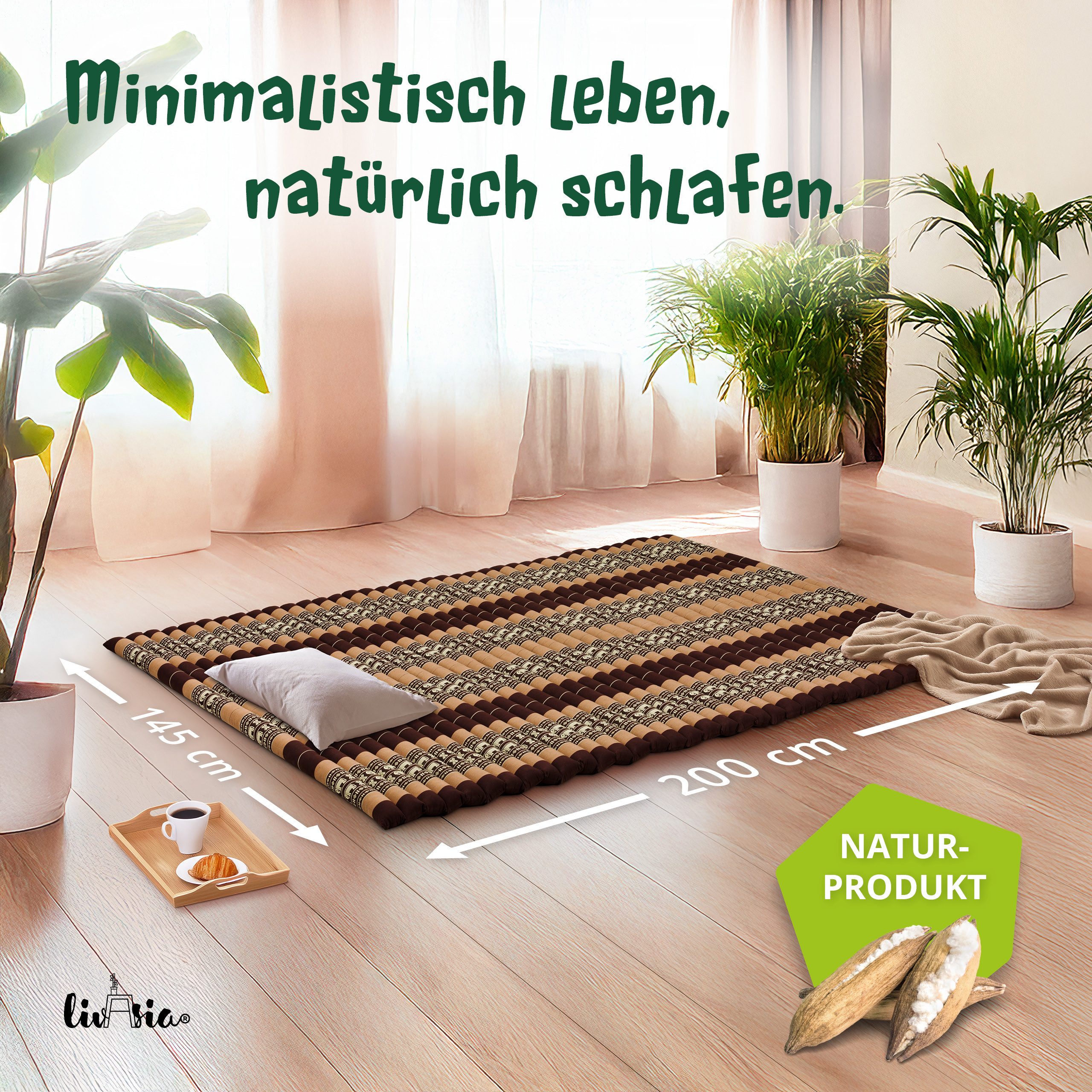 Reisebett-Matratzen Rollmatte 145 cm breit, vegan und handgefertigt, 200x145x4,5cm, livasia, 4.5 cm hoch, Kapok