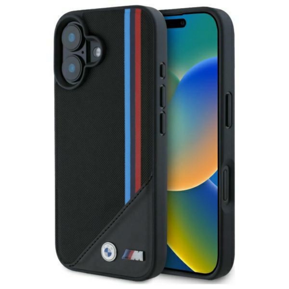 BMW Handyhülle Meshed Tricolor Stripes mit Magnetfunktion Kompatibel mit iPhone 16 6,1, Mesh-Oberfläche mit Tricolor-Streifen und Magnetfunktion