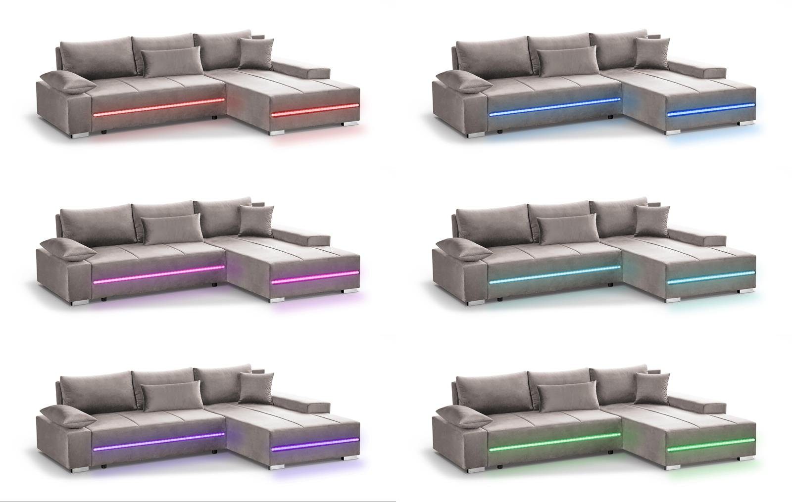Eckcouch mit Sofa, und 16) Schlaffunktion LED Aron, (riviera Ecksofa Bettkasten,modernes RGB-LED-Beleuchtung Beige inklusive Beautysofa