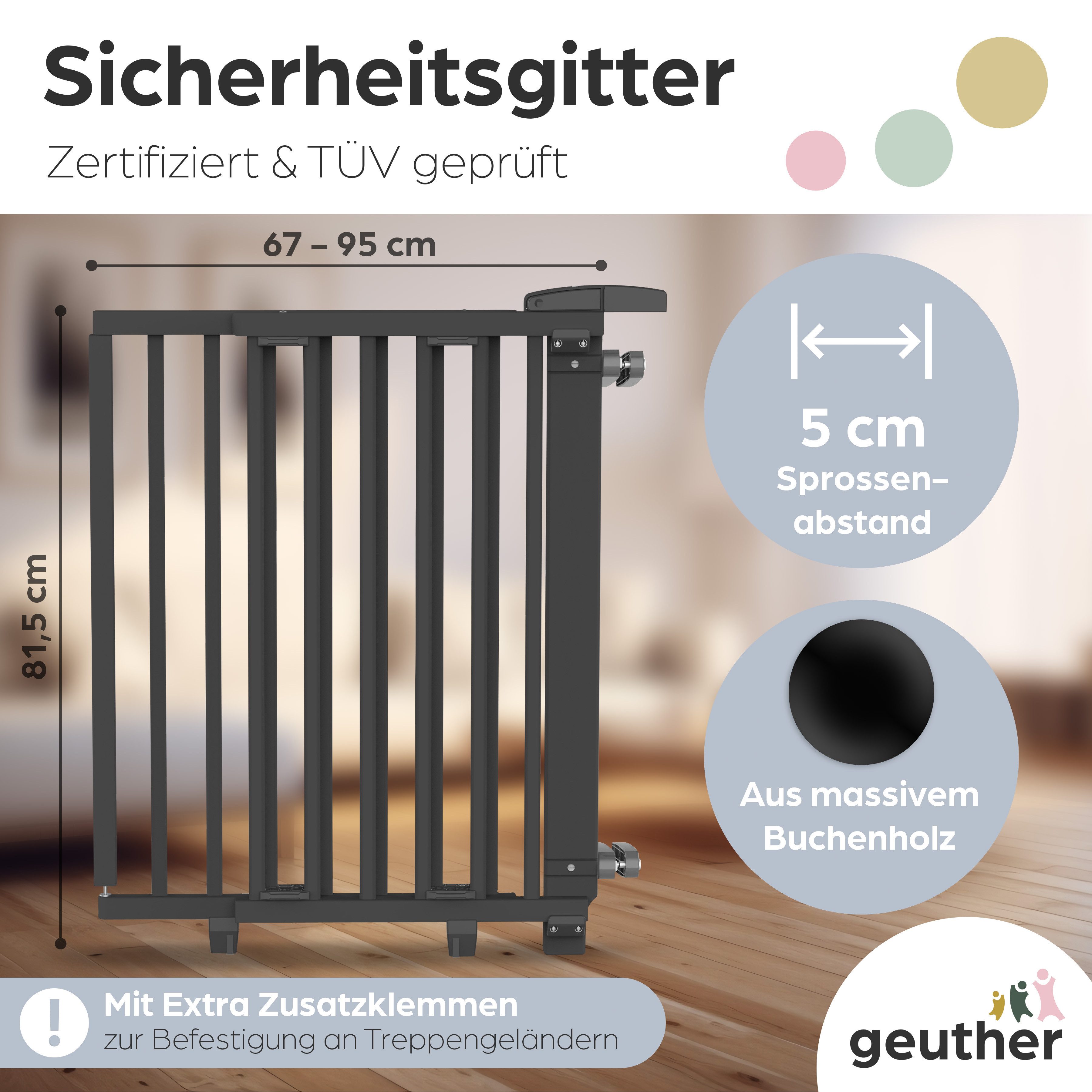Geuther Treppenschutzgitter Oris zum Bohren 67-135 cm Schwarz, Für Erwachsene leicht zu öffnen – Bild 2 von 5