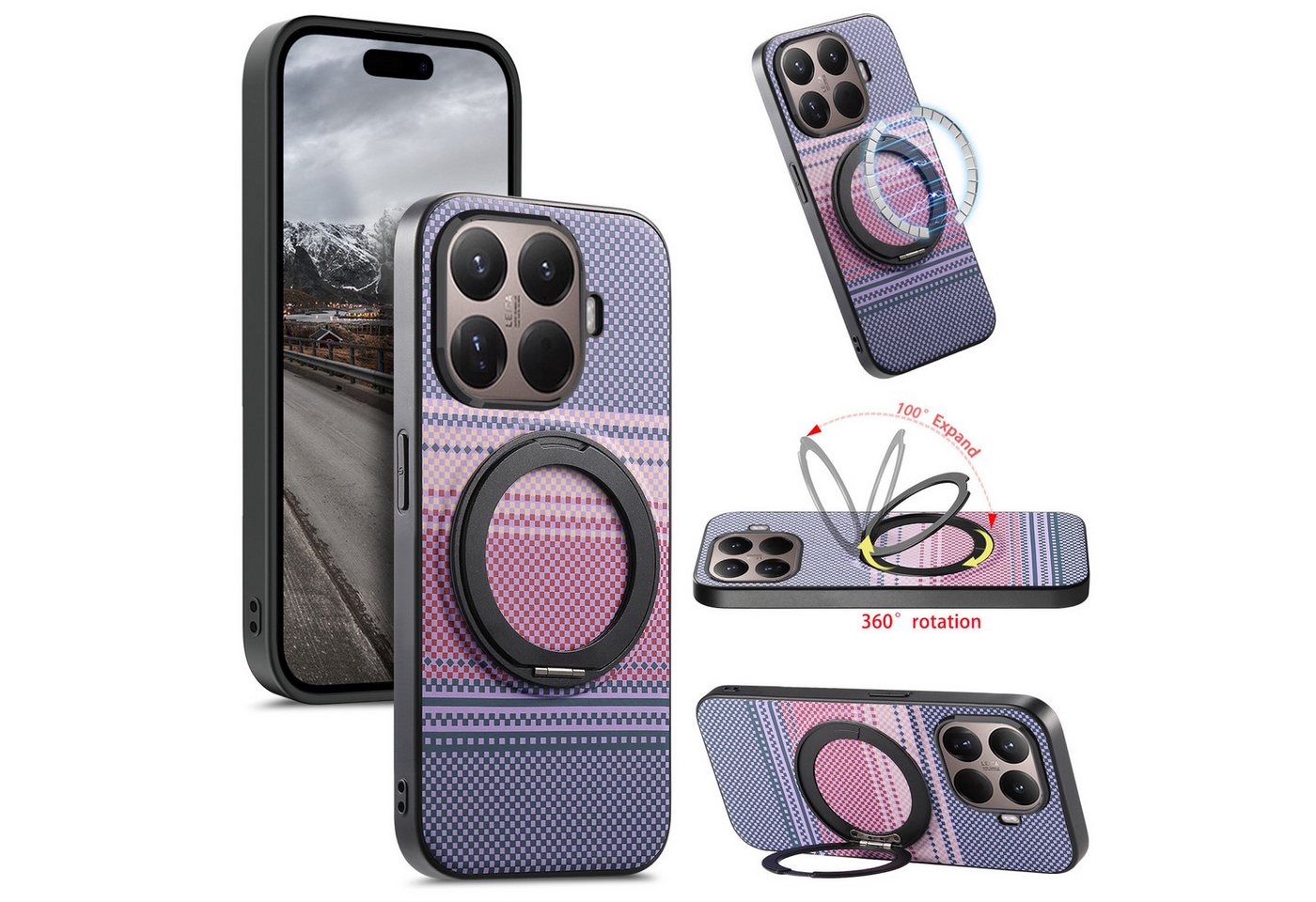 Wigento Handyhülle MagSafe Drehkippständer Muster Xiaomi 17T TPU Kameraschutz Lila 6,59 Zoll, Magnetisch, Durchsichtig, Stoßfest
