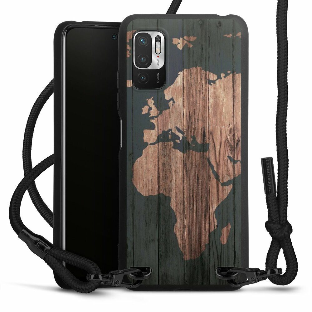 DeinDesign Handyhülle Landkarte Holzoptik Weltkarte Wooden World Map, Xiaomi Redmi Note 10 5G Premium Handykette Hülle mit Band