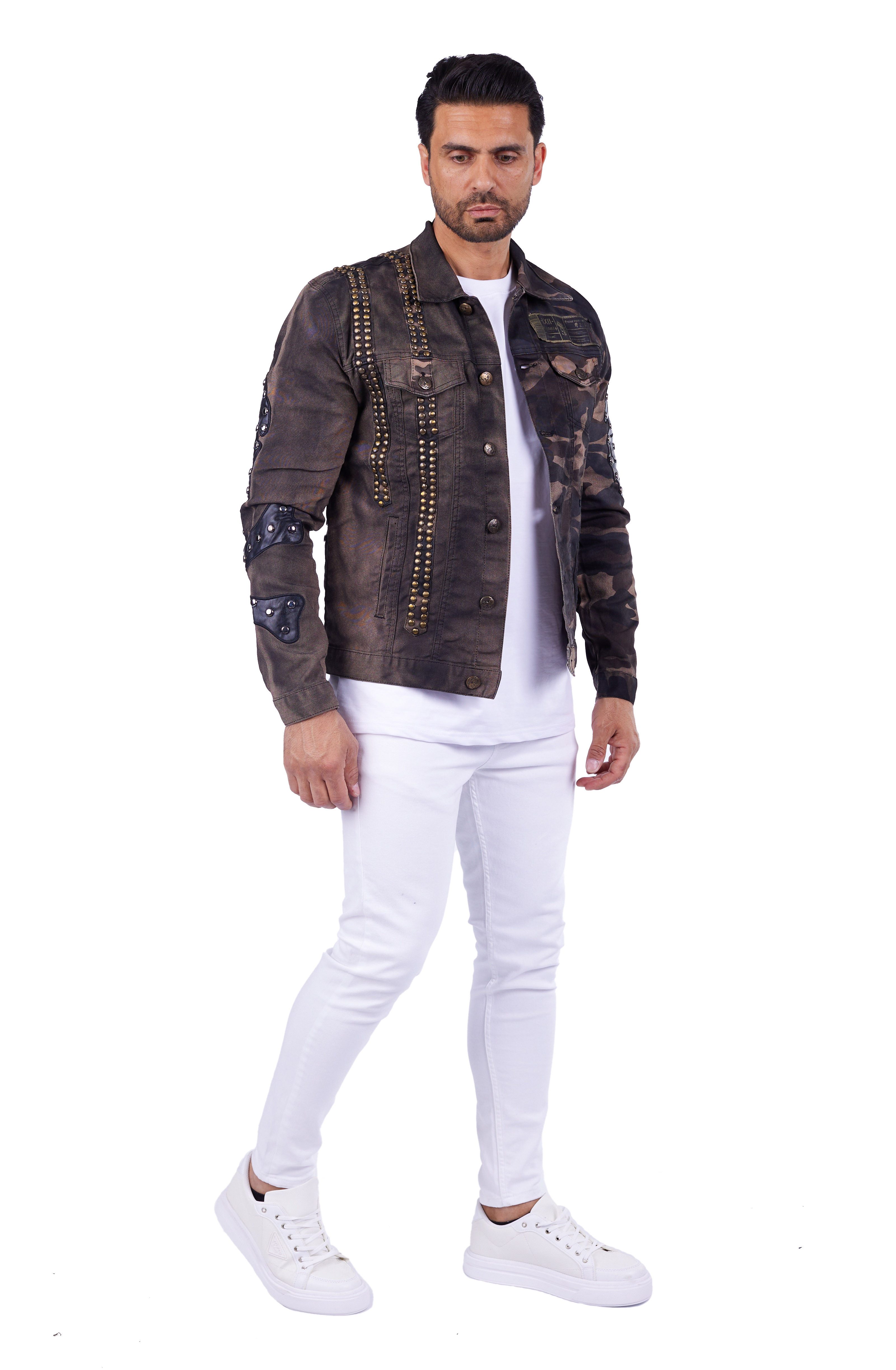 KINGZ Jeansjacke Designer Nieten Totenkopf Militaryjacke