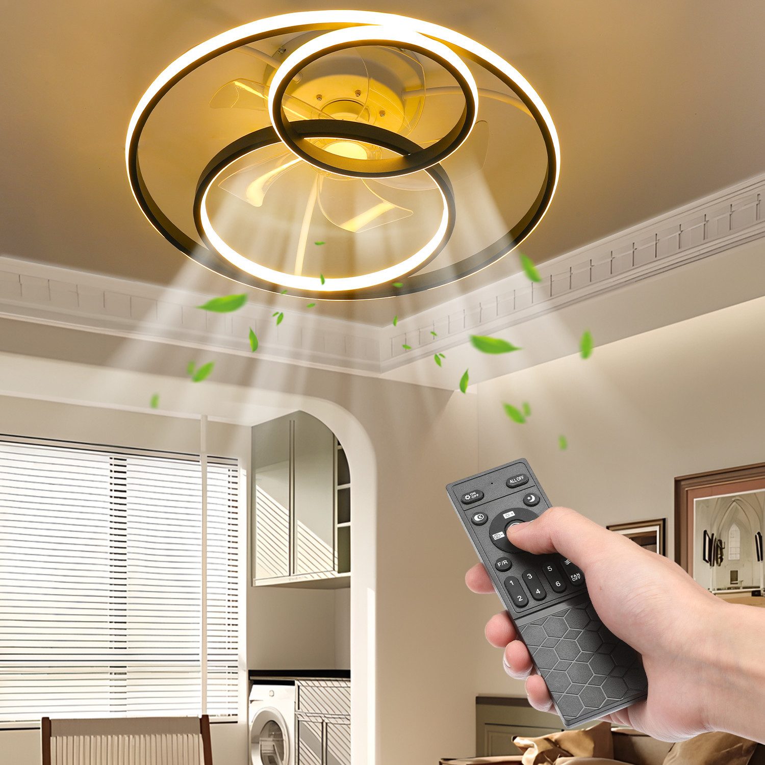 oyajia Deckenleuchte 55W Leise Deckenventilator mit Beleuchtung, 3-Ring-Deckenleuchte Timer, LED fest integriert, Warmweiß, Naturweiß, Kaltweiß, LED Deckenbeleuchtung mit Ventilator für Wohnzimmer Schlafzimmer Küche