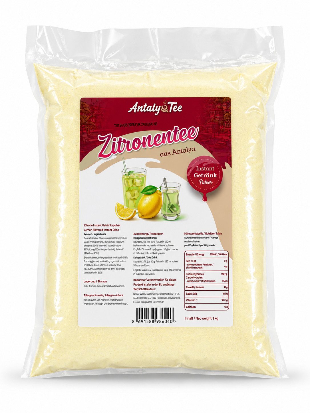 Tee Zitrone Instant Getränkepulver 1 kg – türkischer Tee heiß o. kalt, schnell löslich, feines Pulver