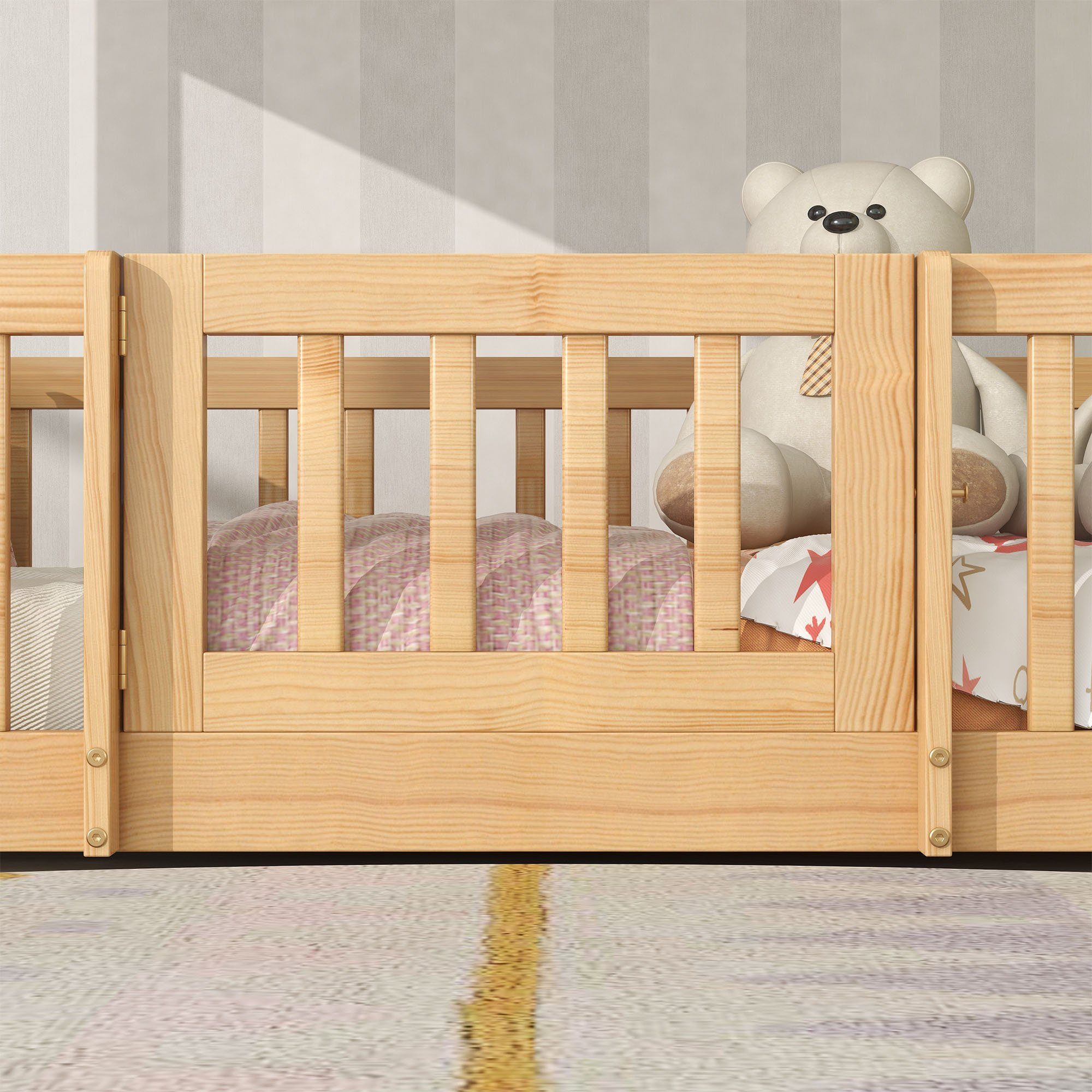 Etagenbett (Hochbett 90x200 cm mit Lattenrost und Rausfallschutz), Kinderbett mit Leiter, Zäune und Tür, aus massivem Kiefernholz