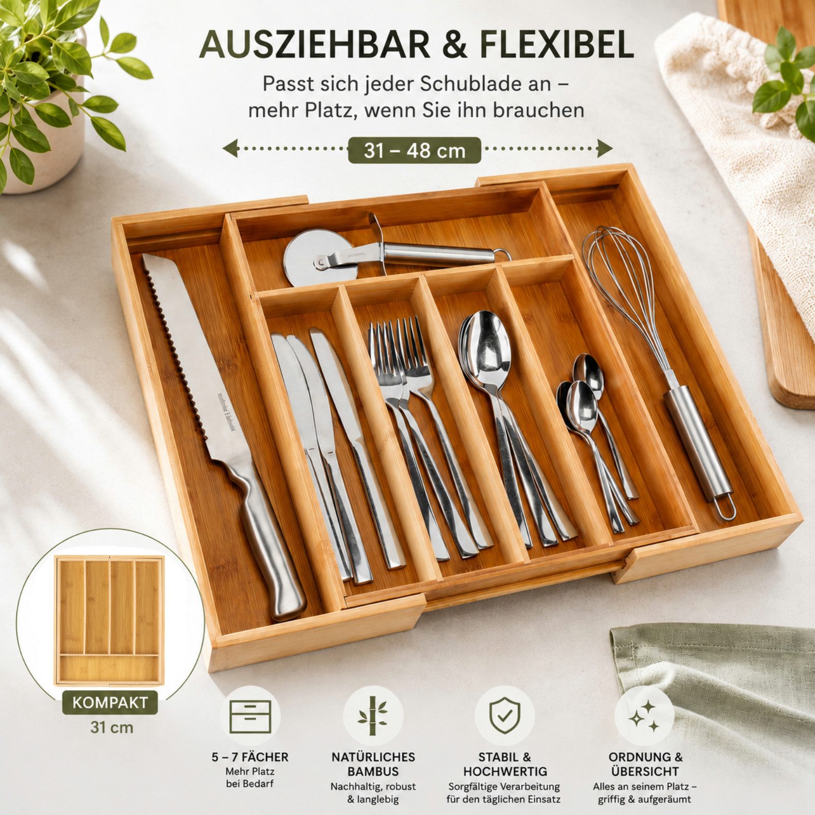 Haushalt International Besteckkasten Schubladeneinsatz Ordnungssystem ausziehbar 31-48x37x5cm (Stück, 1 St., Packung), 5-7 Fächer, Bambus / Holz, Universell, Naturmaterial