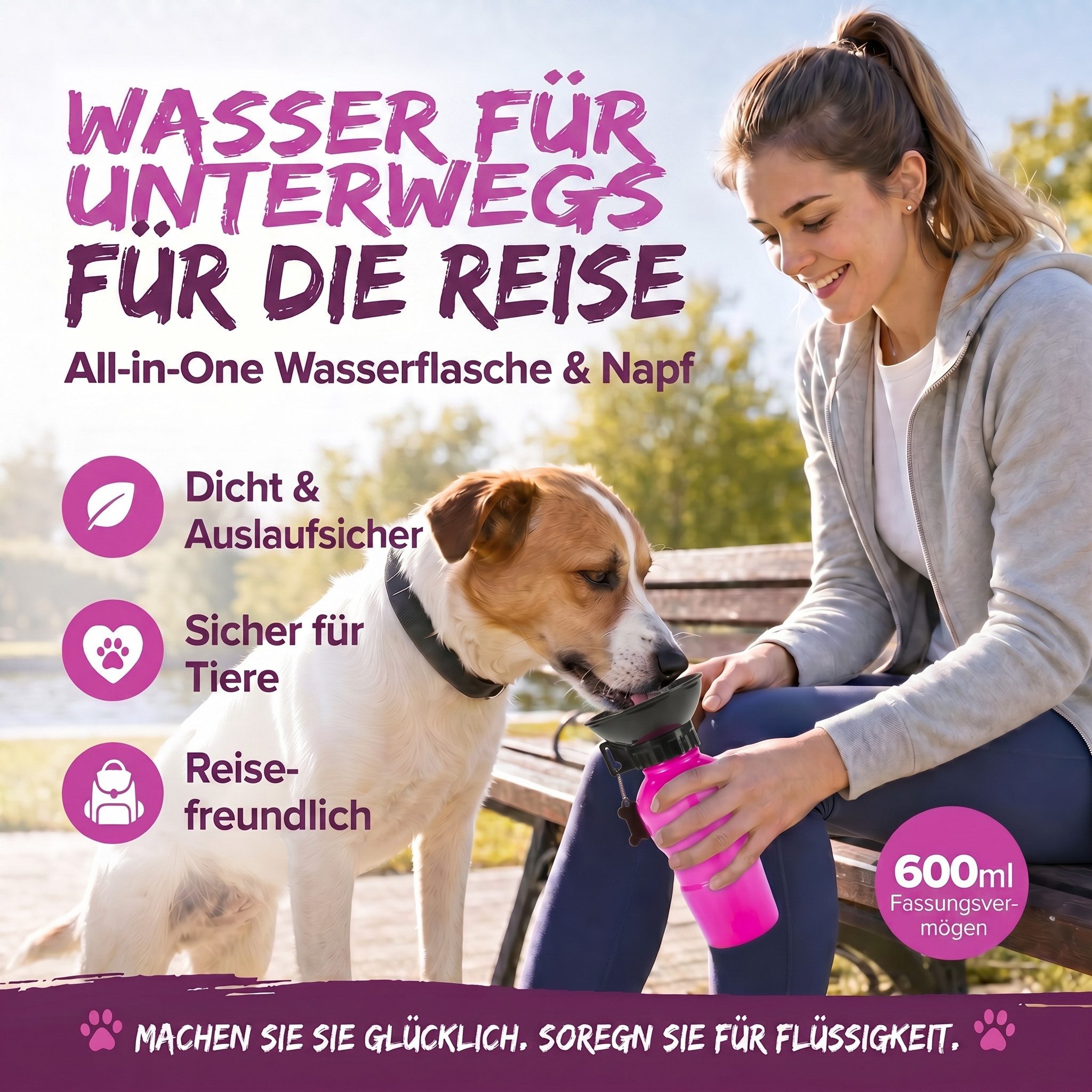 all Pets United Reisenapf ALL PETS UNITED Hunde Flasche mit Napf-Hunde Reise Trinkflasche 600ml, Trinknapf Hunde-Wasserflasche