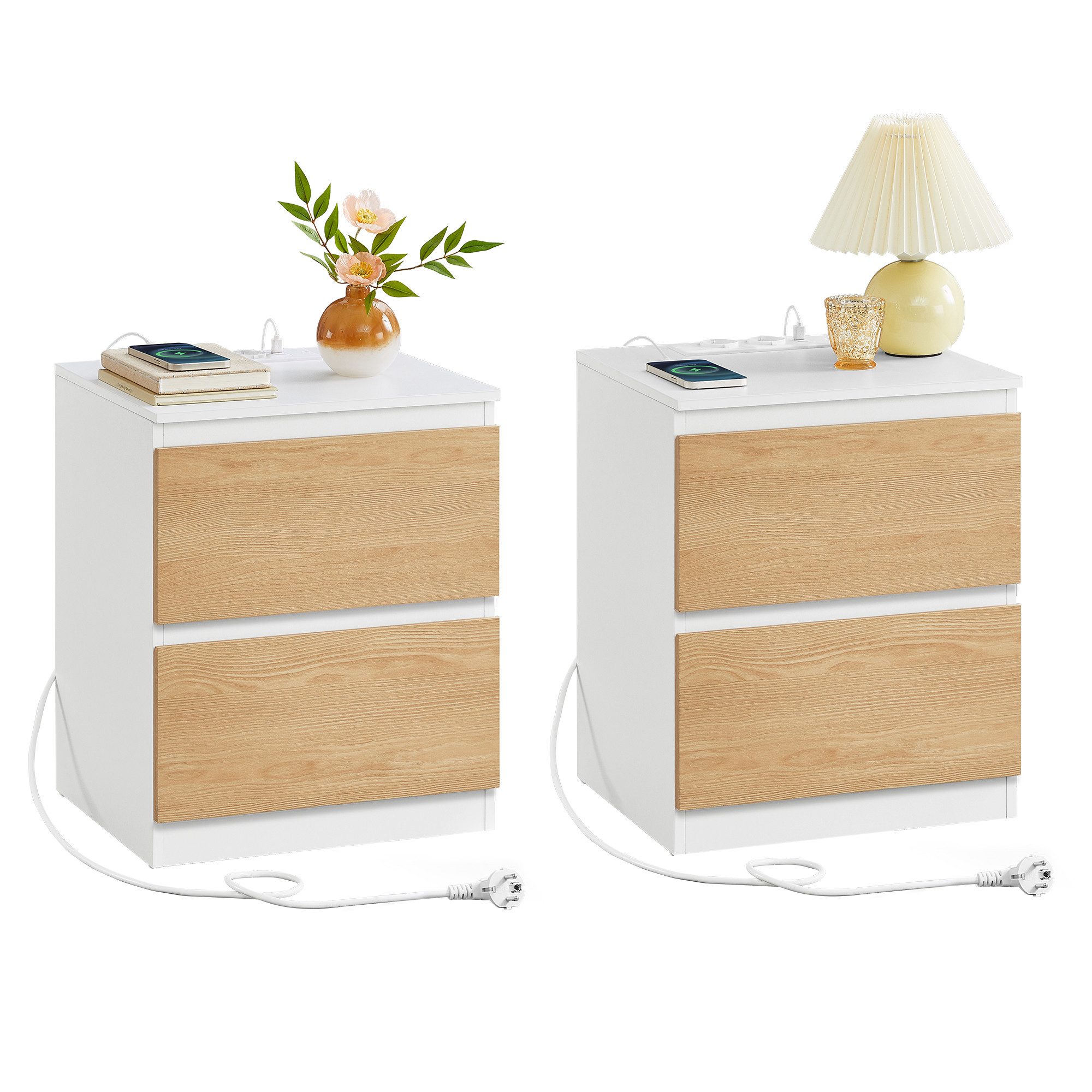 VASAGLE Nachttisch (2-St), Nachttisch mit Steckdosenleiste, Beistelltisch, 2 Schubladen, modern