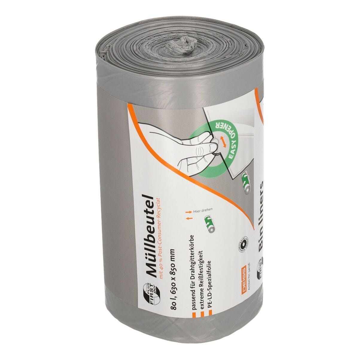 Deiss Müllbeutel FIRST PLUS pcr ®, extrem reißfest, 80 Liter, 50 Stück/Rolle, grau