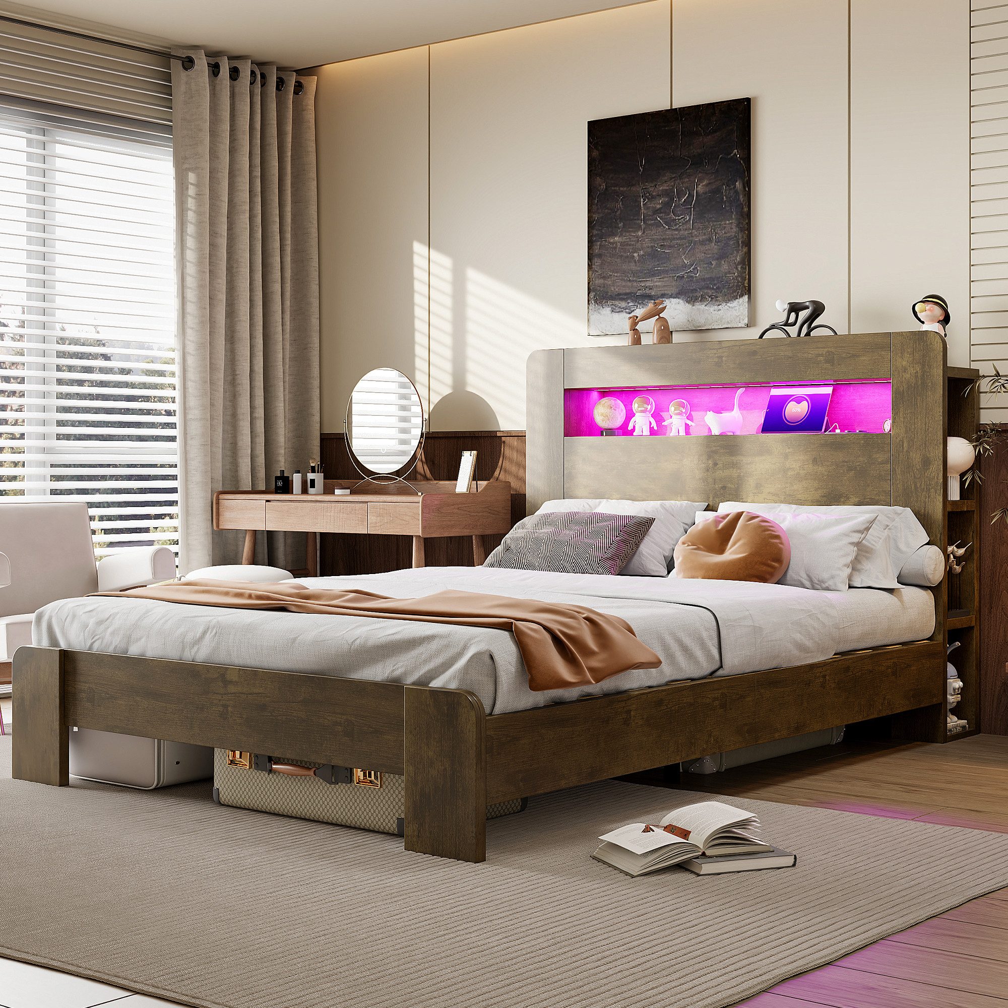 REDOM Funktionsbett mit LED-Beleuchtung, Holzbett Doppelbett (mit Kopfteil-Stauraum & integrierten Steckdosen), ohne Matratze