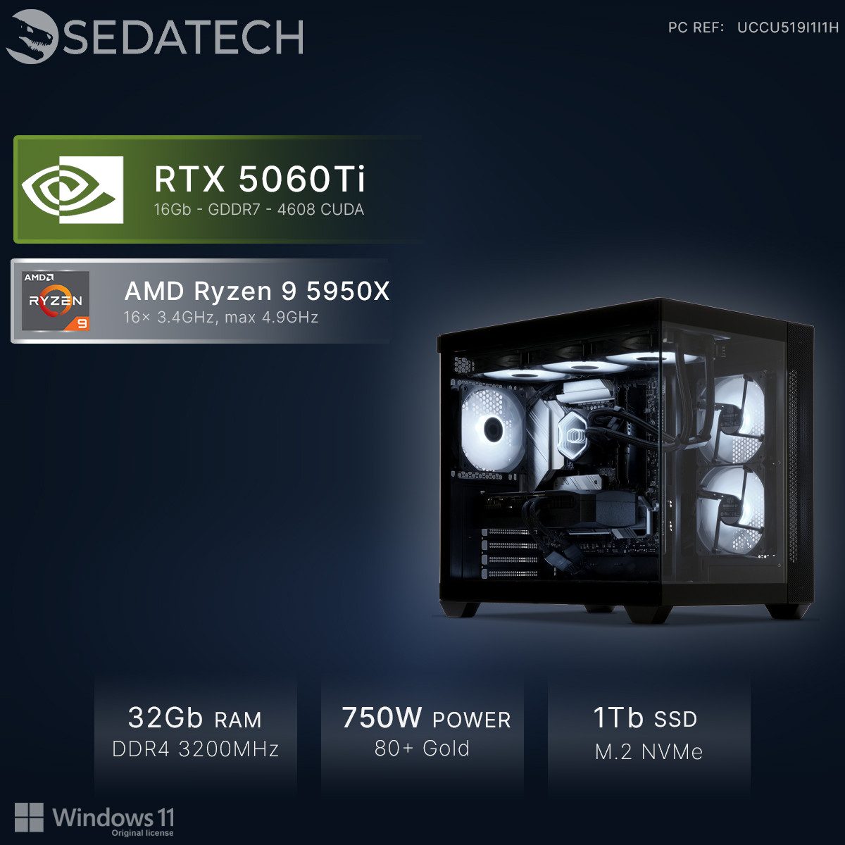 Sedatech UCCU519I1I1HF - Watercooling Gaming-PC (AMD Ryzen 9 5950X 16x 3.4GHz (max 4.9GHz), Geforce RTX5060Ti (16G) 16GB, 32 GB RAM, 1000 GB SSD, Watercooling, Wlan 4)
